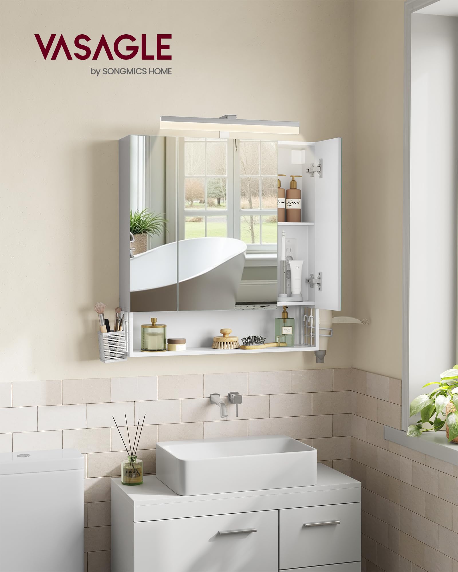 VASAGLE Mueble de Baño con Iluminación LED, 16,5 x 70 x 75 cm, Múltiple Toma de Corriente, Cesta Colgante, Soporte para Secador de Pelo, para Lavabo, Blanco Nube BBK126W01