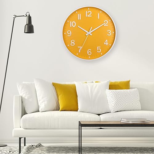 Miniatura 2 de HZDHCLH Reloj de pared amarillo con pilas, 12 pulgadas, silencioso, sin tictac, moderno, para sala de estar, dormitorio, cocina, oficina, decoración