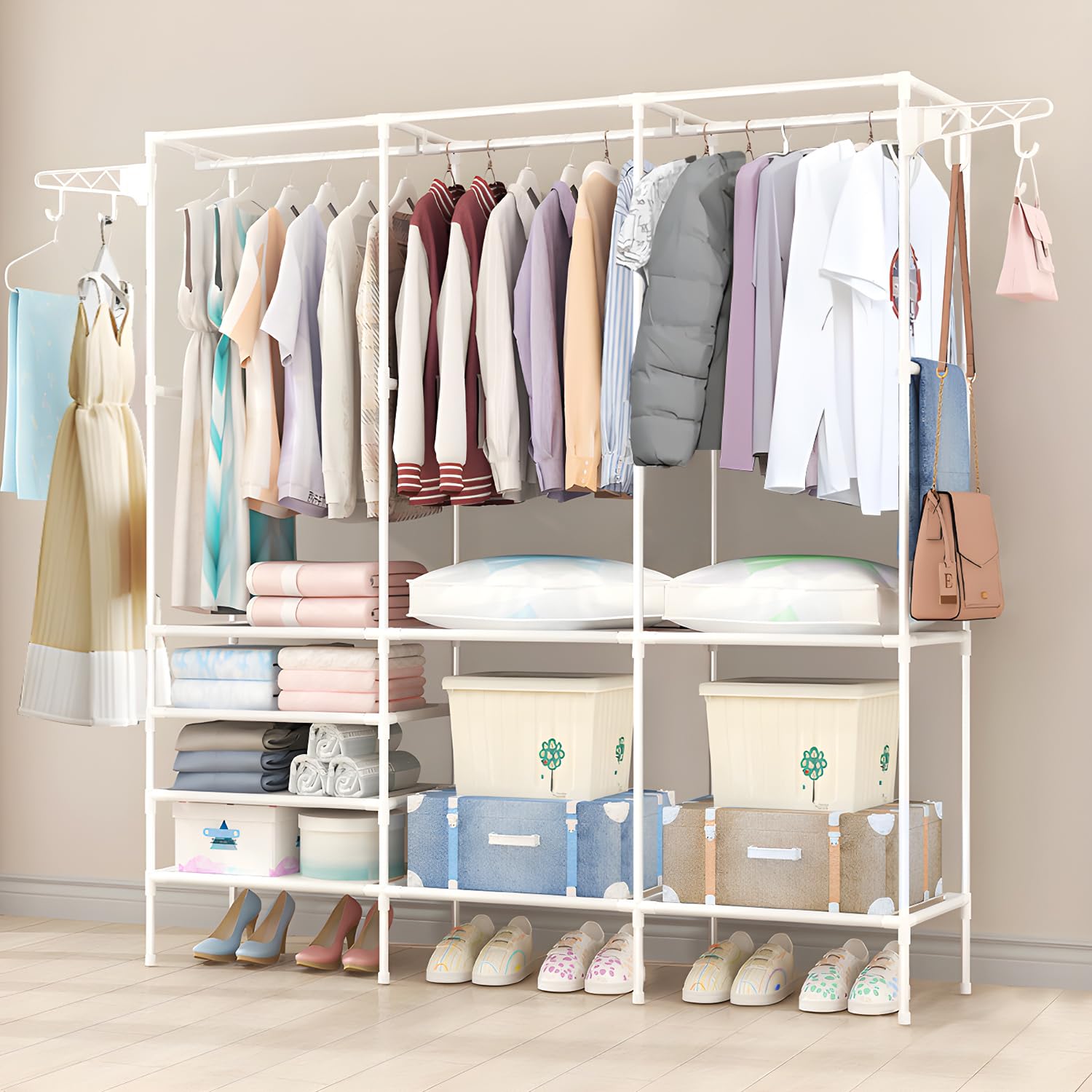 Organizador de Metal para Ropa, Perchero de Pie Organización, Armario para Ropa con 4 Ganchos, Rack para Ropa Simple Puede Guardar Ropa, Sombrero, Zapato,160 * 36 * 170 cm,Blanco