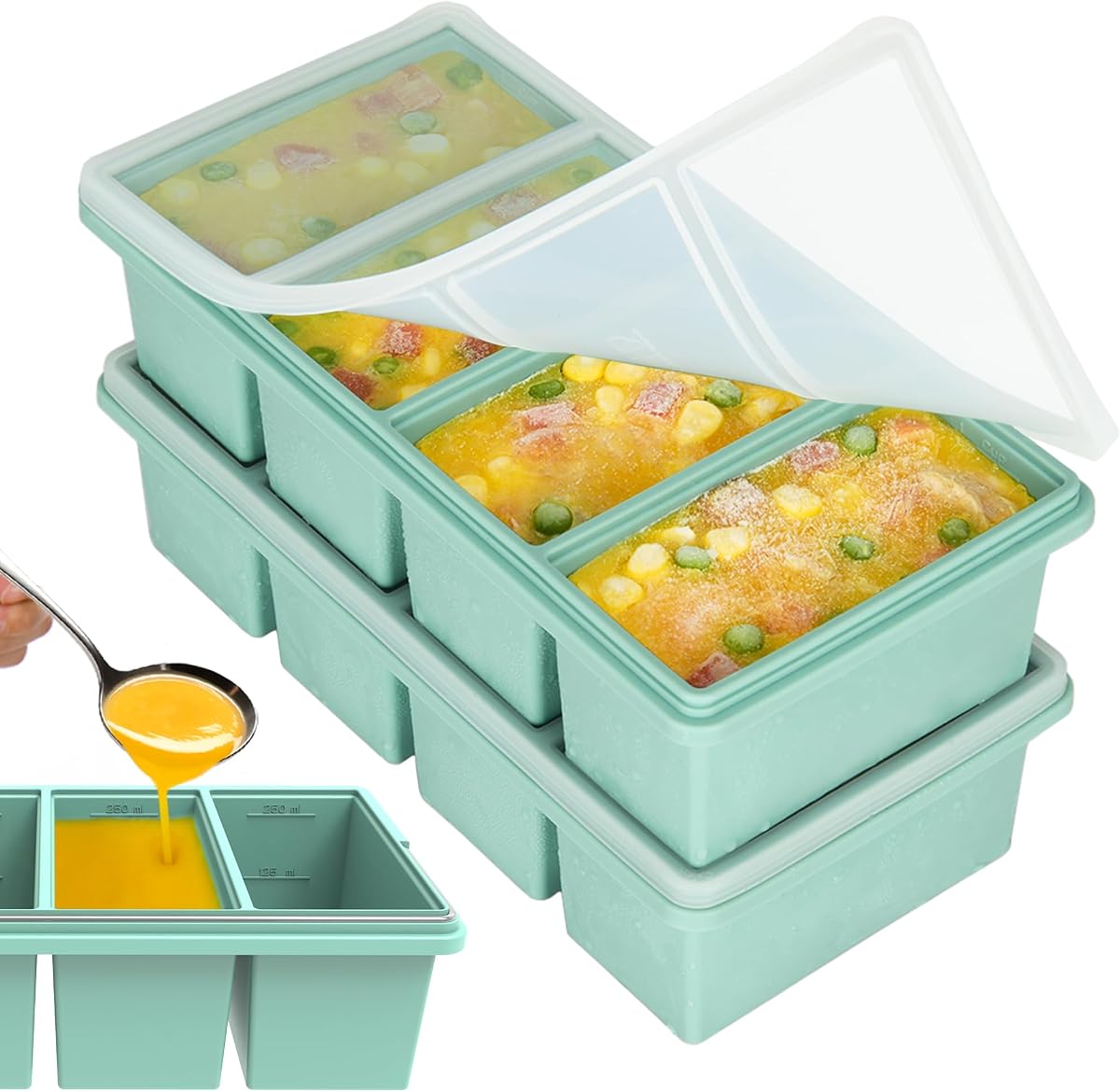 Bandejas de silicona para congelador con tapas, bandejas para cubitos de hielo estilo contenedor de sopa de 1 taza para congelador, a prueba de fugas, aptas para lavavajillas, horno, apilables, ideales para caldo congelado, sobras y preparación de comidas, sin BPA, paquete de 2