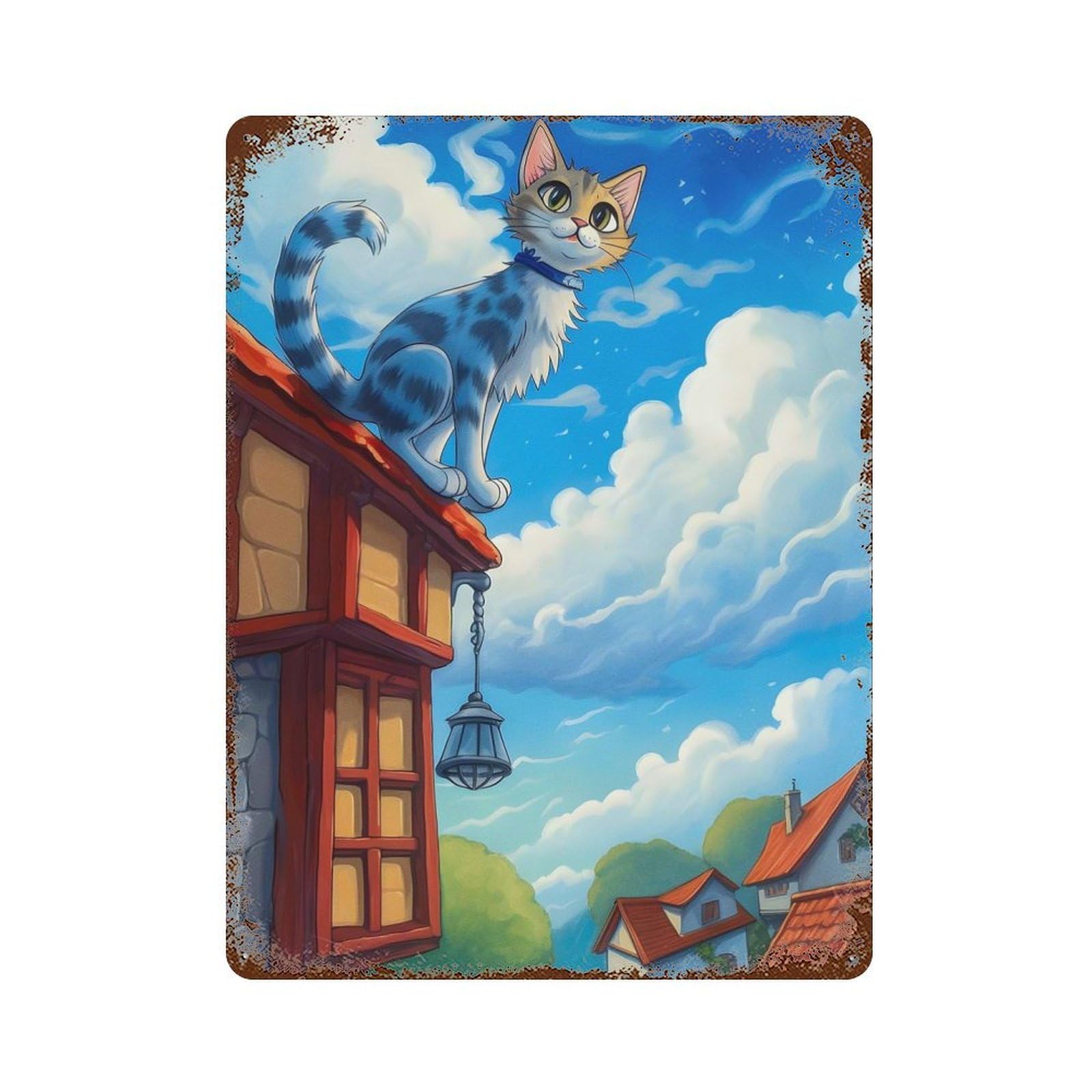 Garage Style Sitting Cat Rustic Tin Plaque 15.7"x11.8", Vintage Wall Decor for Bar And Workshop