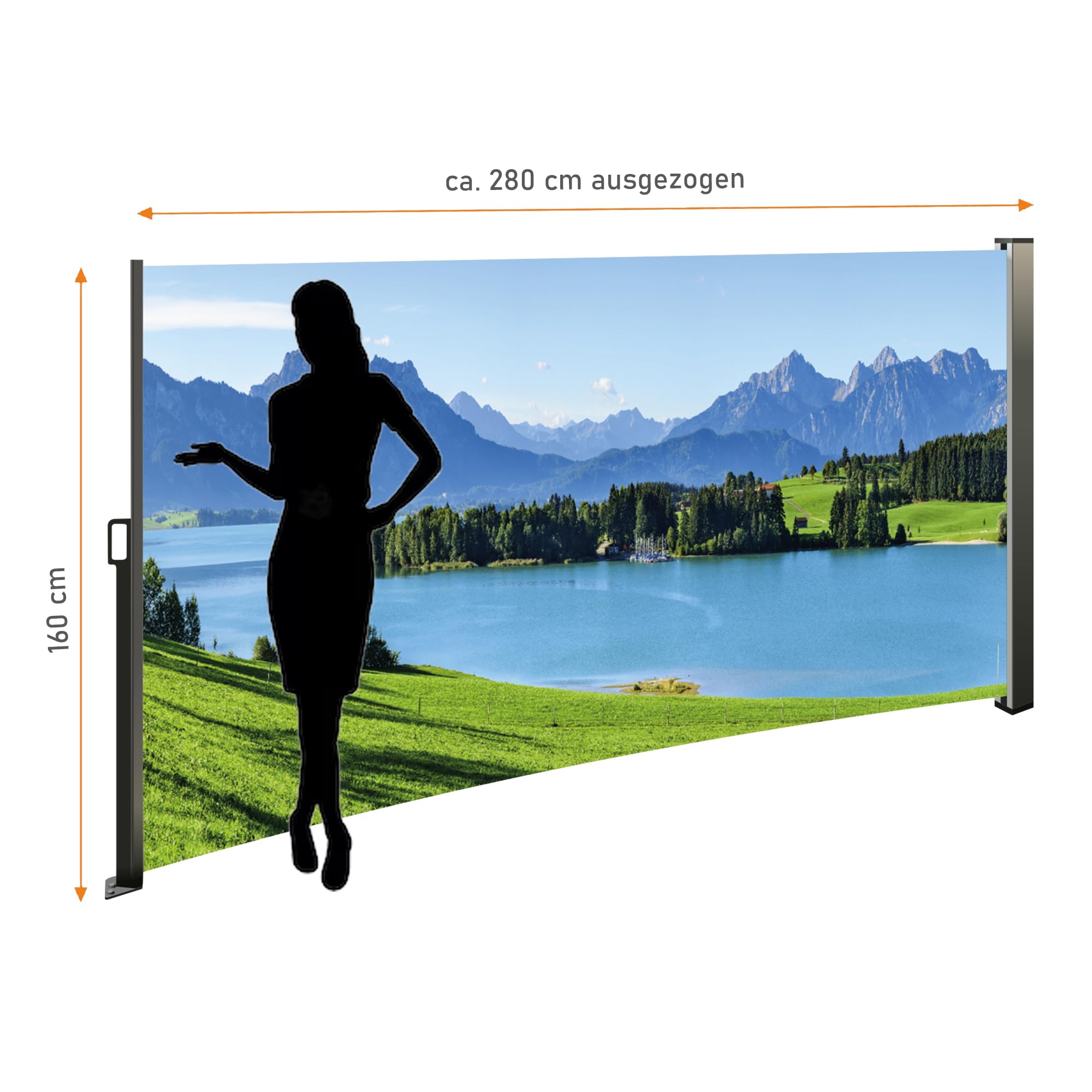 Seitenmarkise mit Fotodruck Berge - Auszug Links - Bildmotiv rechts