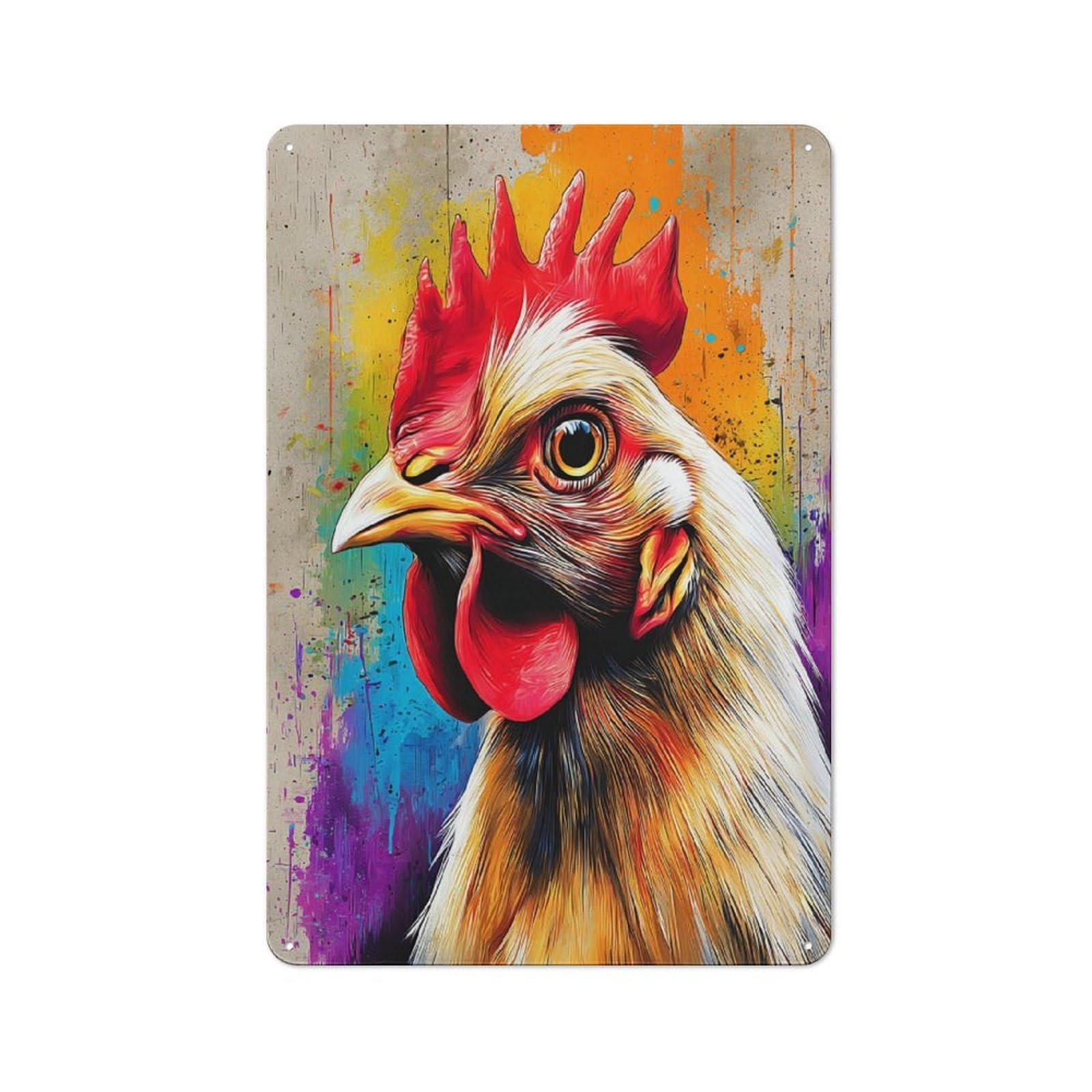 Junmoney Colorful Rooster Portrait Rustic Metal Sign 30X20cm For Garage Wall, For Everyday Room Decor With A Rustic Look
