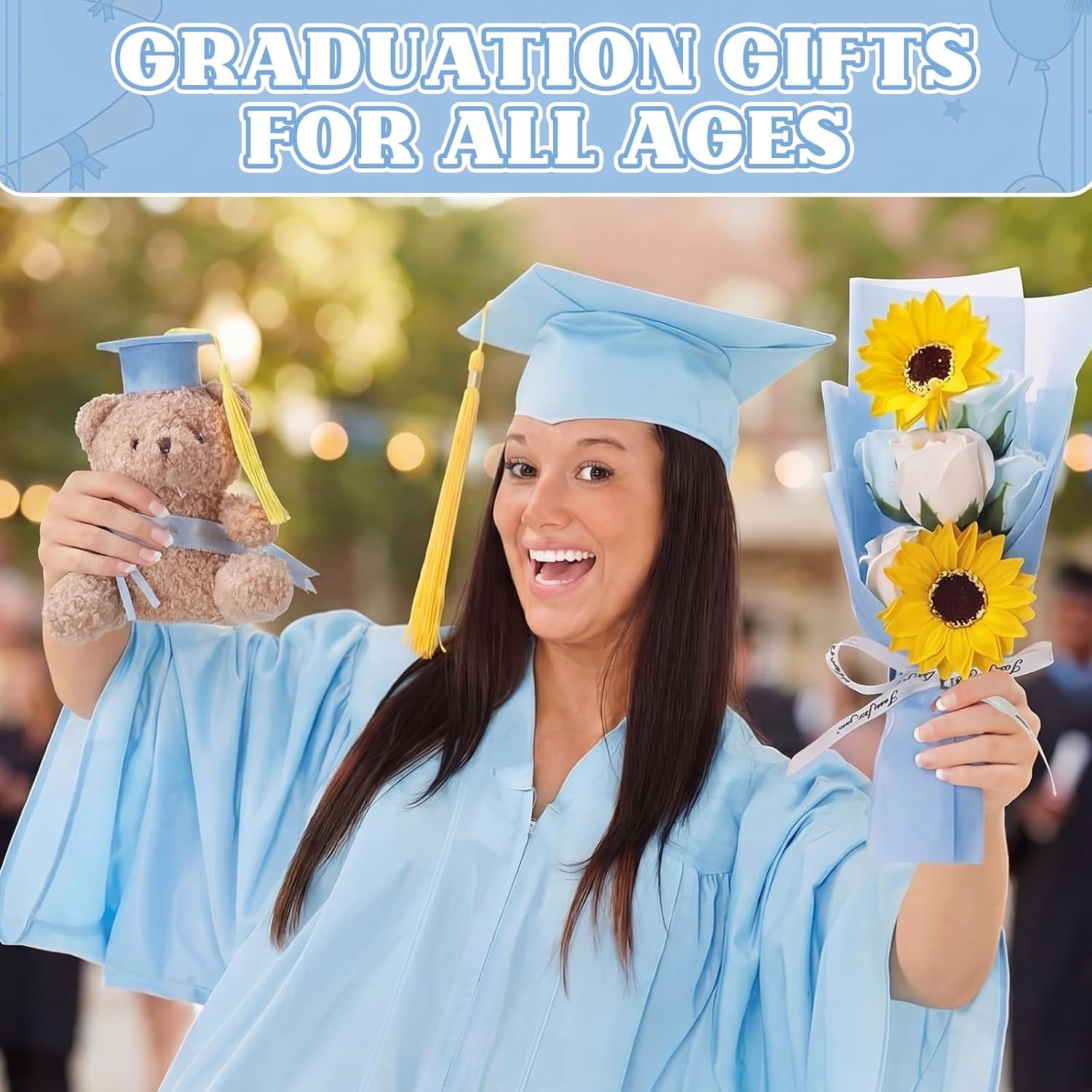 Soulchen 13" 2026 Graduation Bear Bouquet Rose Sunflower Scented Soap Flower Money Bouquet Mini Plush Graduation Bear with Grad Cap Gift Box for Daughter Son Party Favors Supplies(Light Blue) image 5