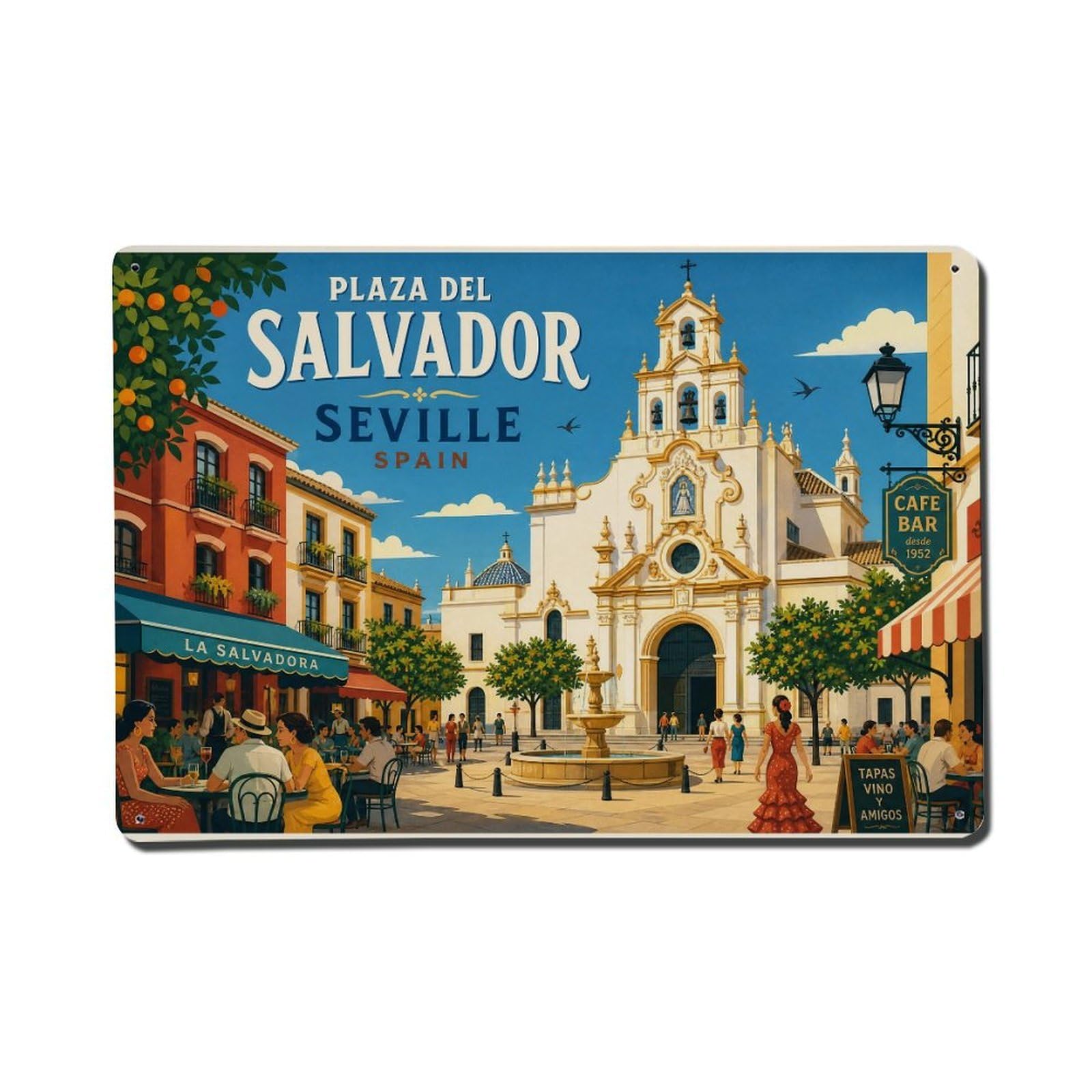 Vintage Travel Plaza Salvador Seville Baroque Square Metal Tin Sign