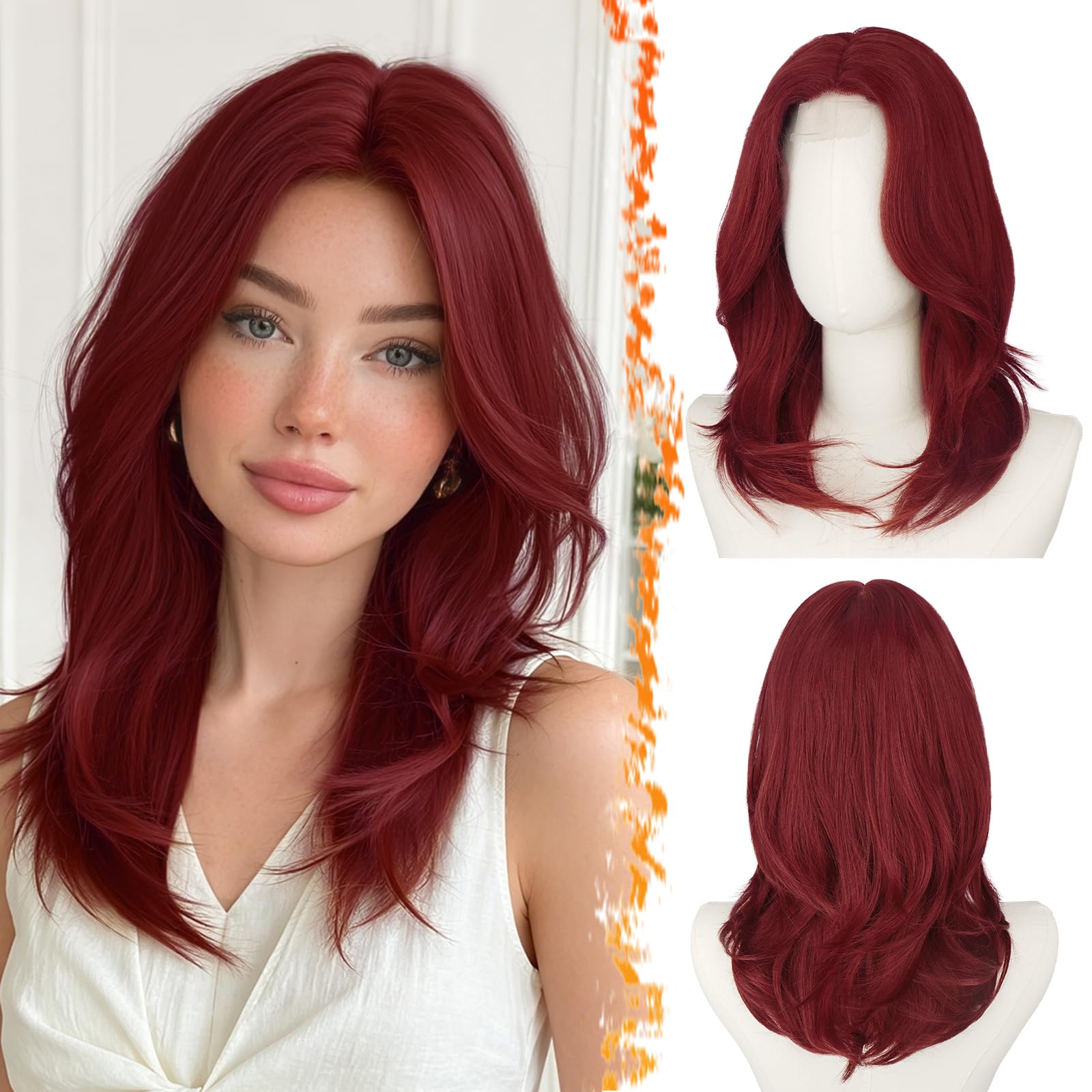 BARSDAR Kurze Layered Burgunder Rot Perücke, Schulter Lange Layered Rot Perücken für Frauen Mittel Lange Glattes Butterfly Face-framing Curtain Bangs Perücke Synthetik Perücken Natürlich Aussehend