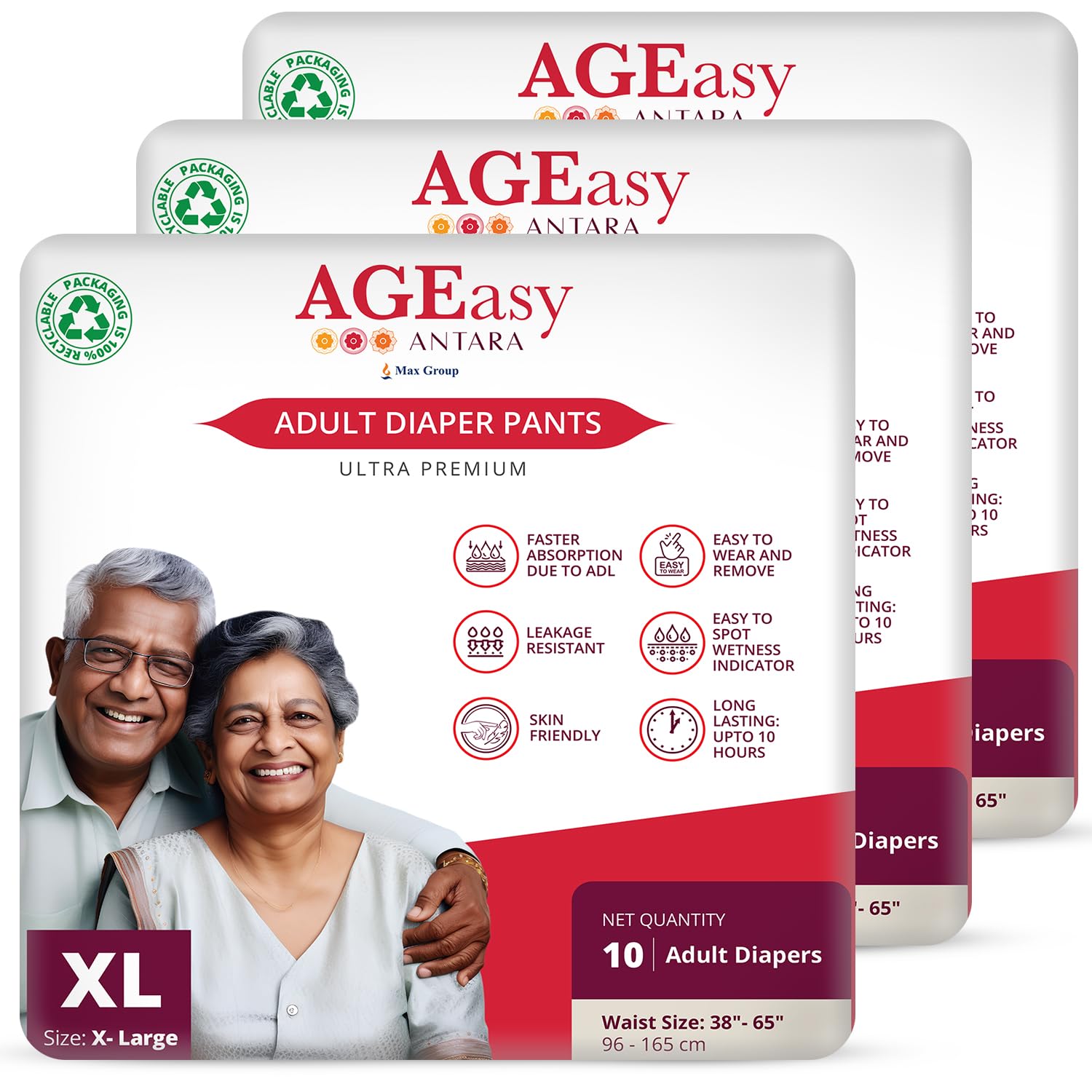 AGEasy (Max Group) Unisex Adult Diaper Pants with Wetness Indicator | Odour Lock & Anti-Bacterial | Skin Friendly Pant Style Diapers for Easier Wearing & Removal | Pack of 3 (30 Count) (XL) (B0D7MC9VP5) Amazon Price History, Amazon Price Tracker