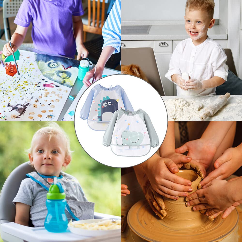 tablier bebe pour manger, bavoirs, 2 paquets de bavoirs imperméables à manches longues pour bébés avec pochette pour attraper les aliments, tablier nettoyable pour bébés de 2-4 ans,bleu et vert