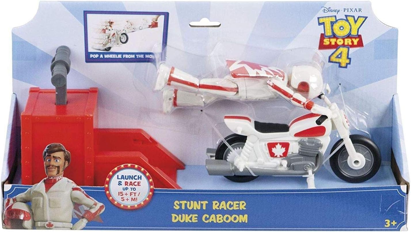Disney Pixar Toy Story 4 Stunt Racer Duke Caboom Figure, 5.9" Tall, with Motorcycle and Launcher, Race Up to 15 Feet and Perform Stunts