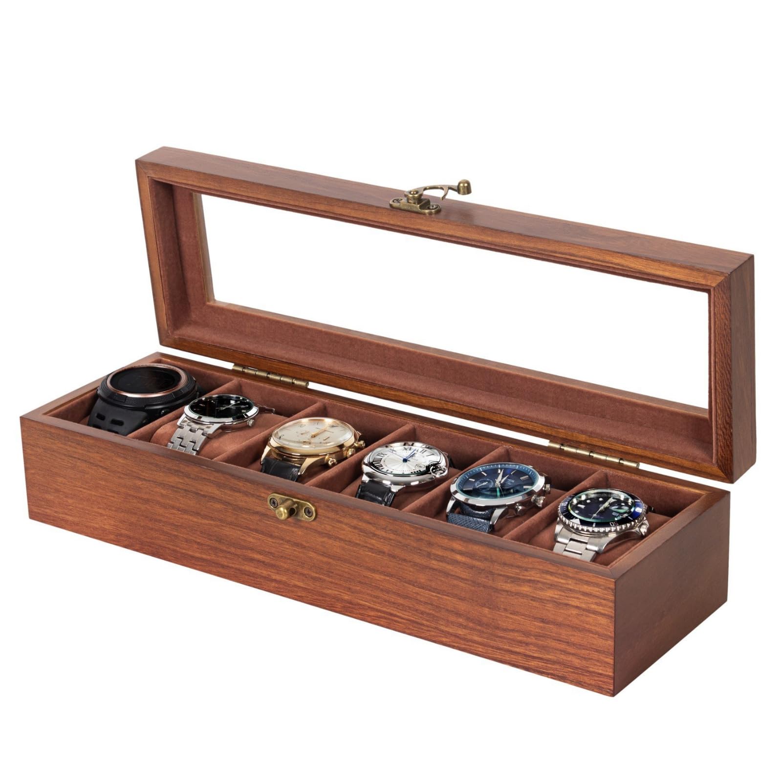 Watch Box, Watch Case for Men Women with Large Glass Lid, Wooden Watch Display Storage Box with 6 - Slots, Retro Walnut Mens Watch Box Organizer
