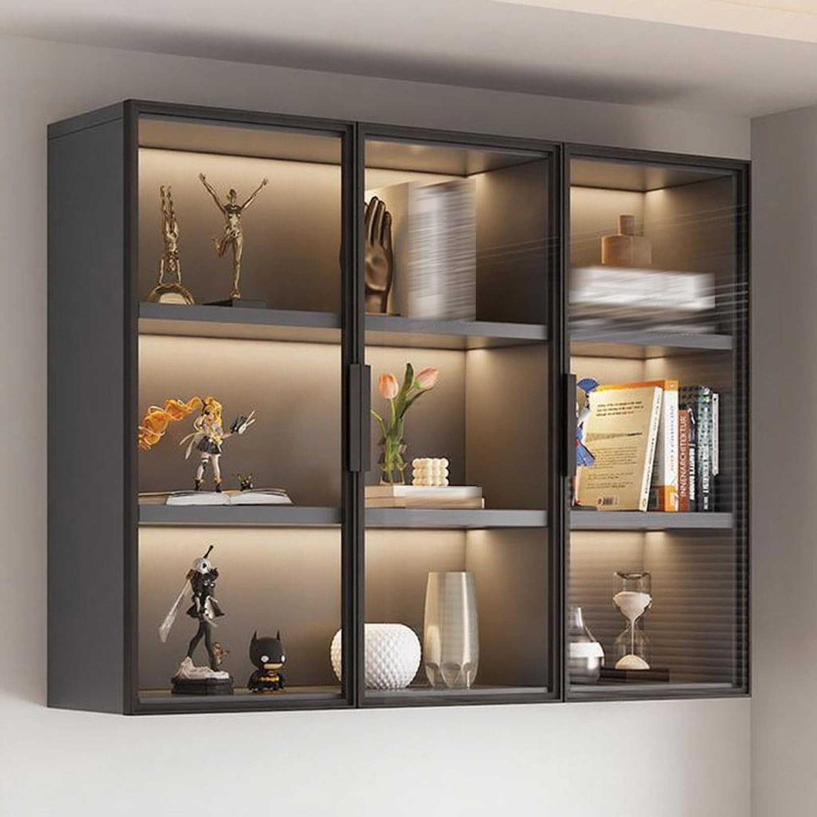 Naścienna witryna z drzwiami do przechowywania, stylowy wiszący stojak do przechowywania do kuchni, sypialni, gabinetu, 100 x 25,6 x 95 cm / 39.4x10.1x37.4in