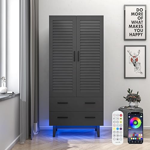 Miniatura 7 de Hlivelood Armario de 2 puertas con cajones y luces LED, estantes de varios niveles, barra colgante y 2 puertas de rejilla, armario de almacenamiento