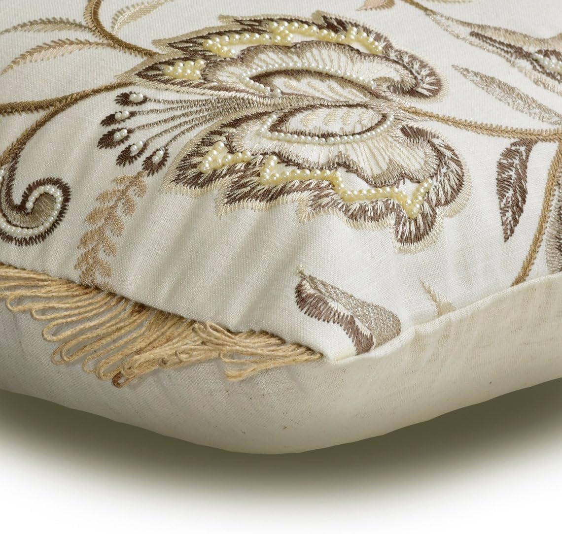 The HomeCentric Decorative Beige 12"x16" (30x40 cm) Lumbar Pillow Cover, Linen Pearl, Embroidery & Lace Oblong Pillow, Floral Pattern Contemporary Style - Pearla