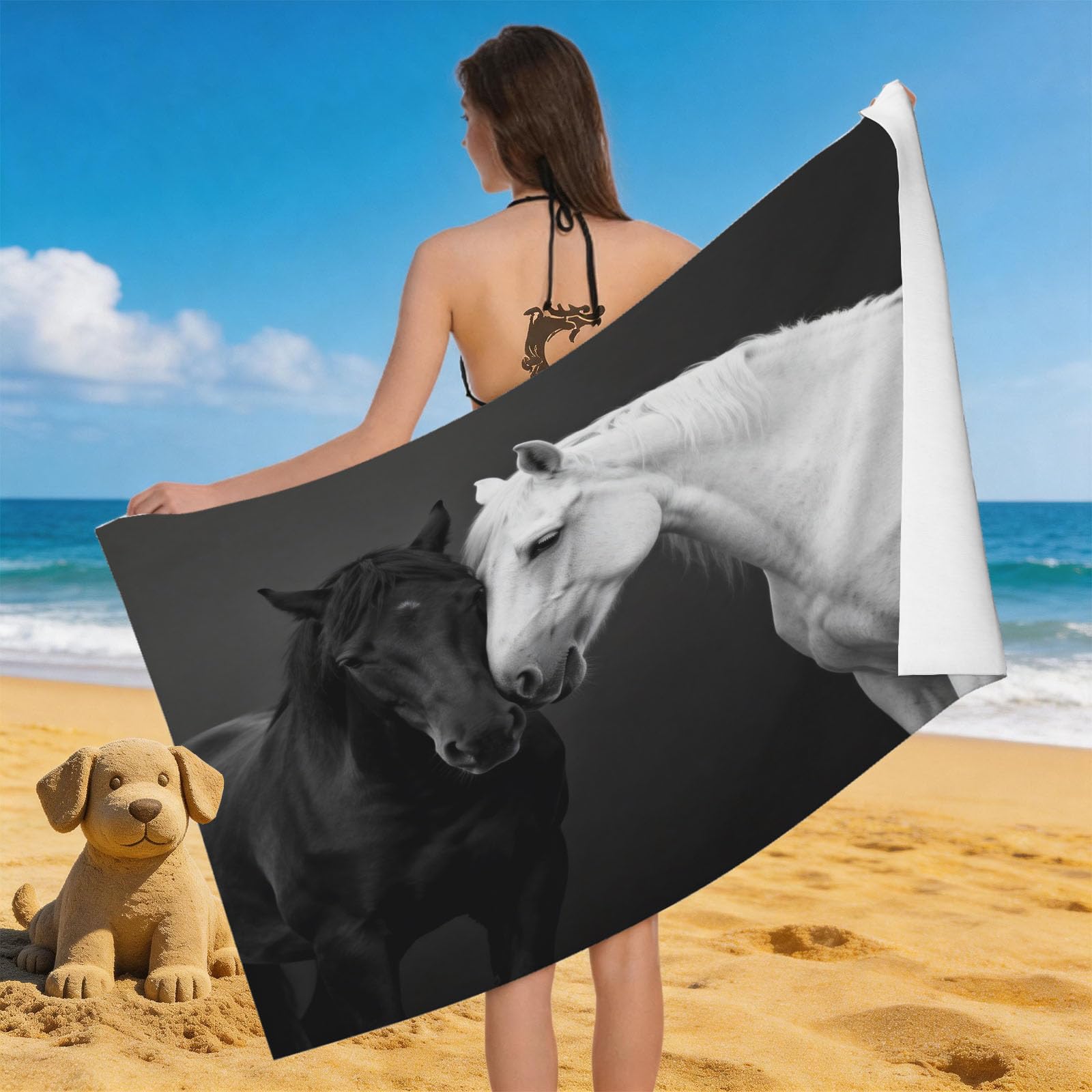 Leichong 3D Horses Beach Towel Microfiber Soft Quick Dry for Adults, Chic Bath Towel Lightweight Soft Absorbent for Travel Swimming Pool Sports, 75 x 150 cm