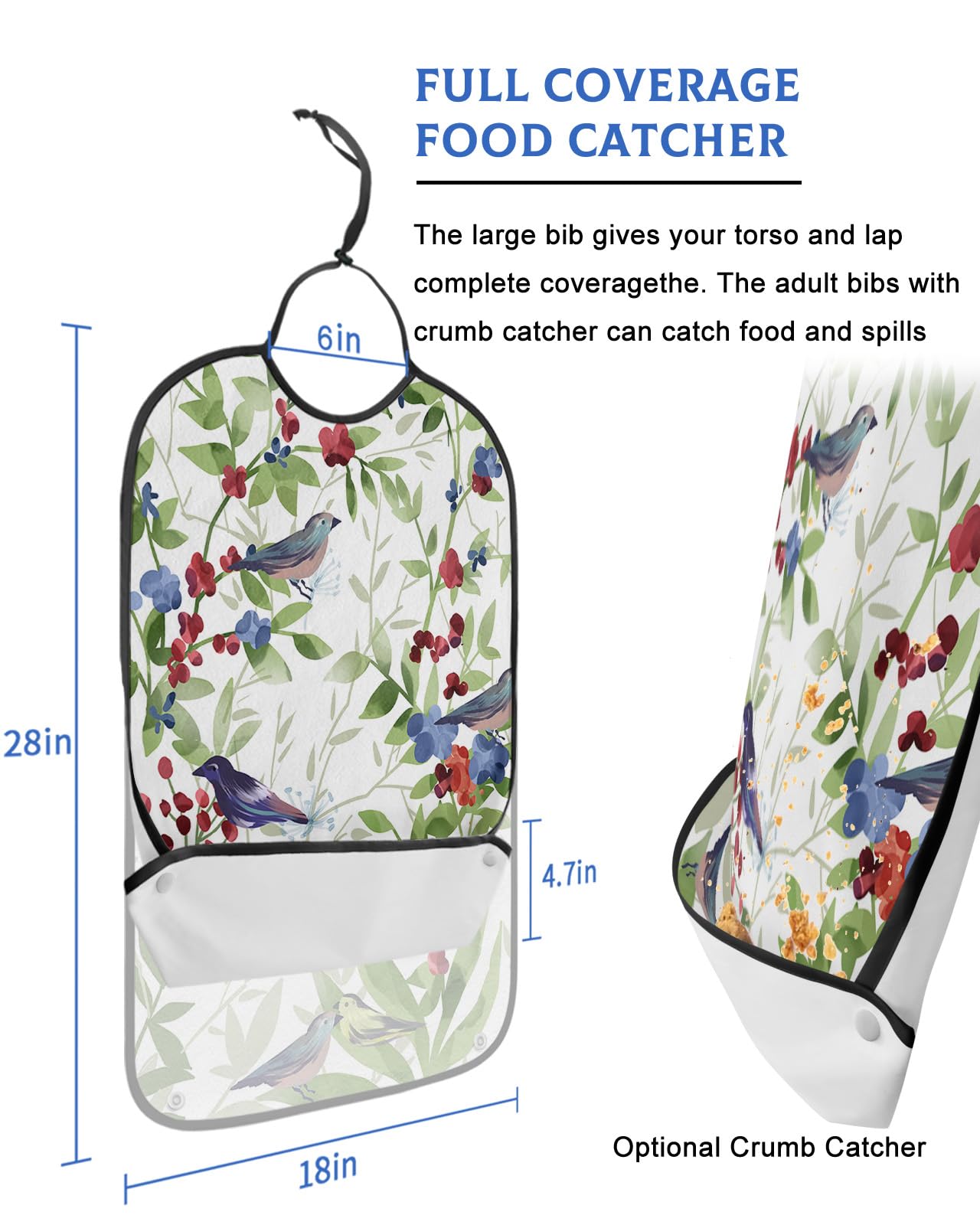 Kewadony Adult Bibs for Elderly Women - Green Botanical Waterproof Dining Clothing Protectors with Crumb Catcher for Eating/Feeding, Pastoral Spring Floral Birds Terry Cloth Bib Machine Washable