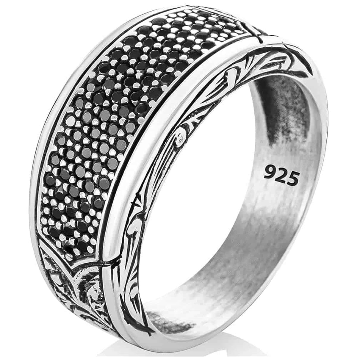 Meir Silver Sterling Silver Rings for Men with Black Zircon Stone, Handmade Mens Jewelry Ring, Hand Carved Wedding Ring, Hand Engraved Engagement Ring