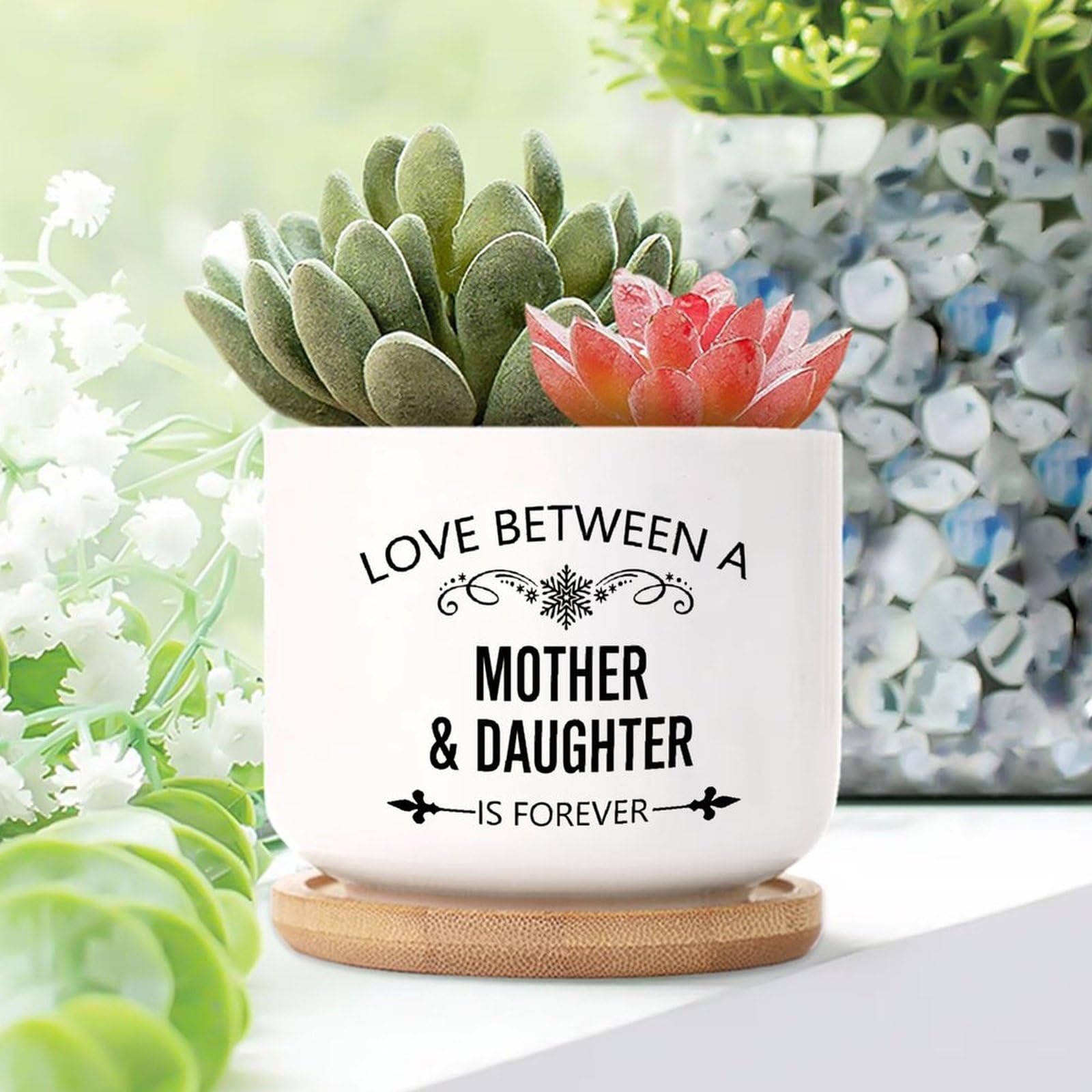 Yelolyio Love Between A Mother And Daughter Ceramic Planters Words Letters Flower Pots for Indoor Plants With Drainage Holes And Saucers Pot For Indoor Outdoor Garden