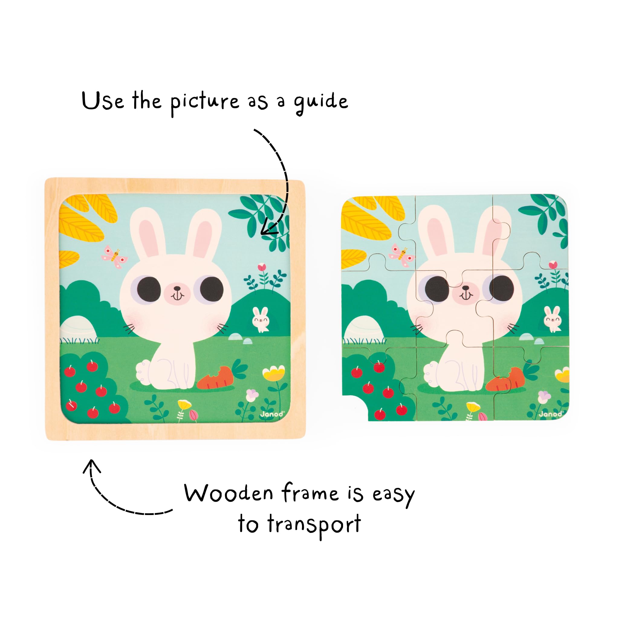Janod - 3 Puzzle in Legno da 9 Pezzi - Gallina, Gatto, Coniglio - Giocattolo per Bambini - Gioco Educativo Prima Infanzia - Dai 18 Mesi, J07113