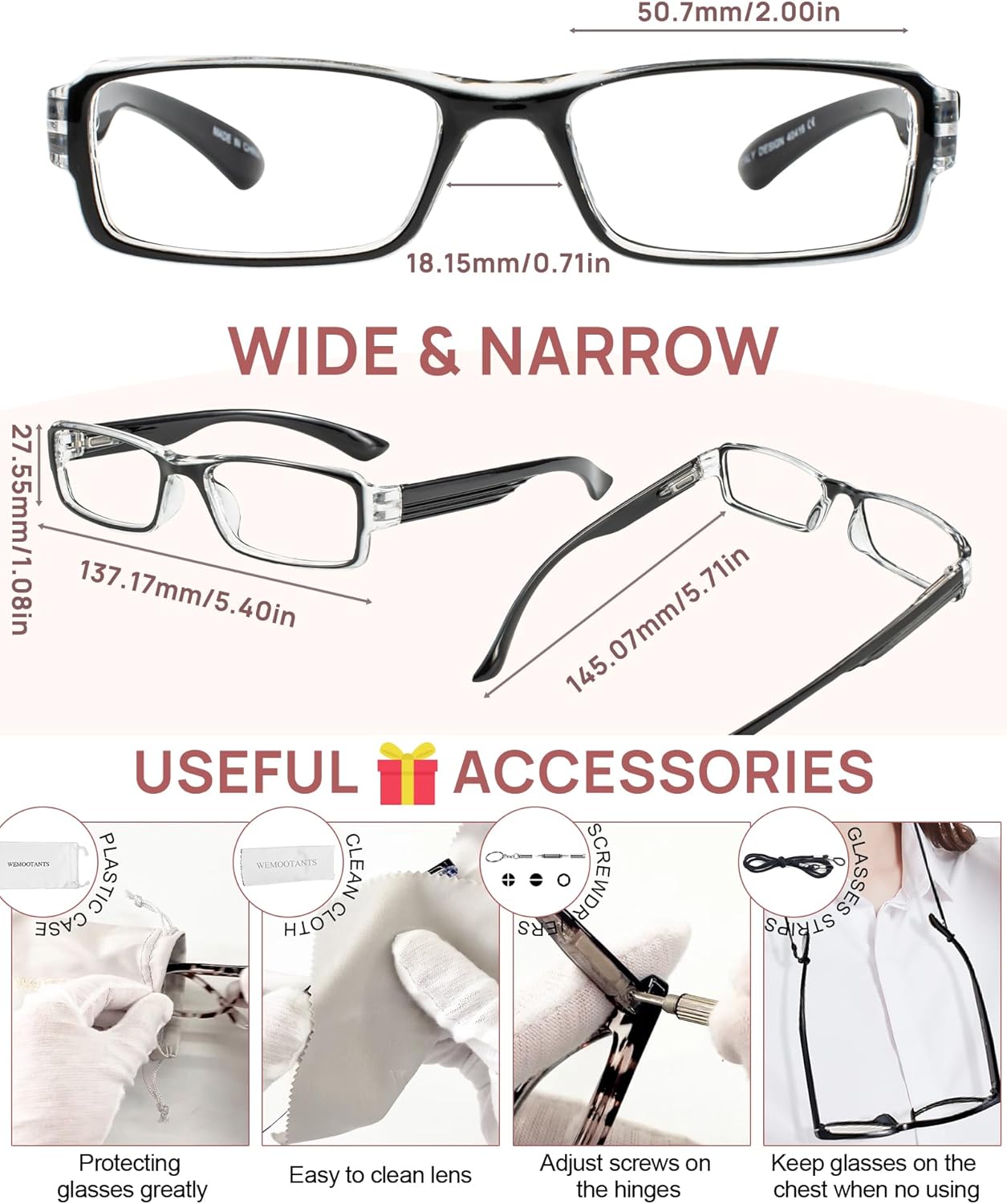4 Packs Narrow Reading Glasses for Women Comfortable Readers with Spring Hinges