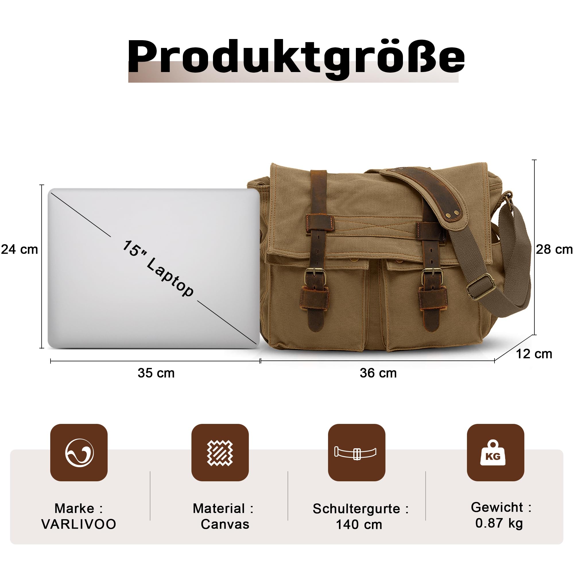 VARLIVOO Umhängetasche für Herren, Vintage Canvas Schultertasche Messenger bag, Große 15" Zoll Laptoptaschen Arbeitstasche für Arbeit Reisen Schule Braun A