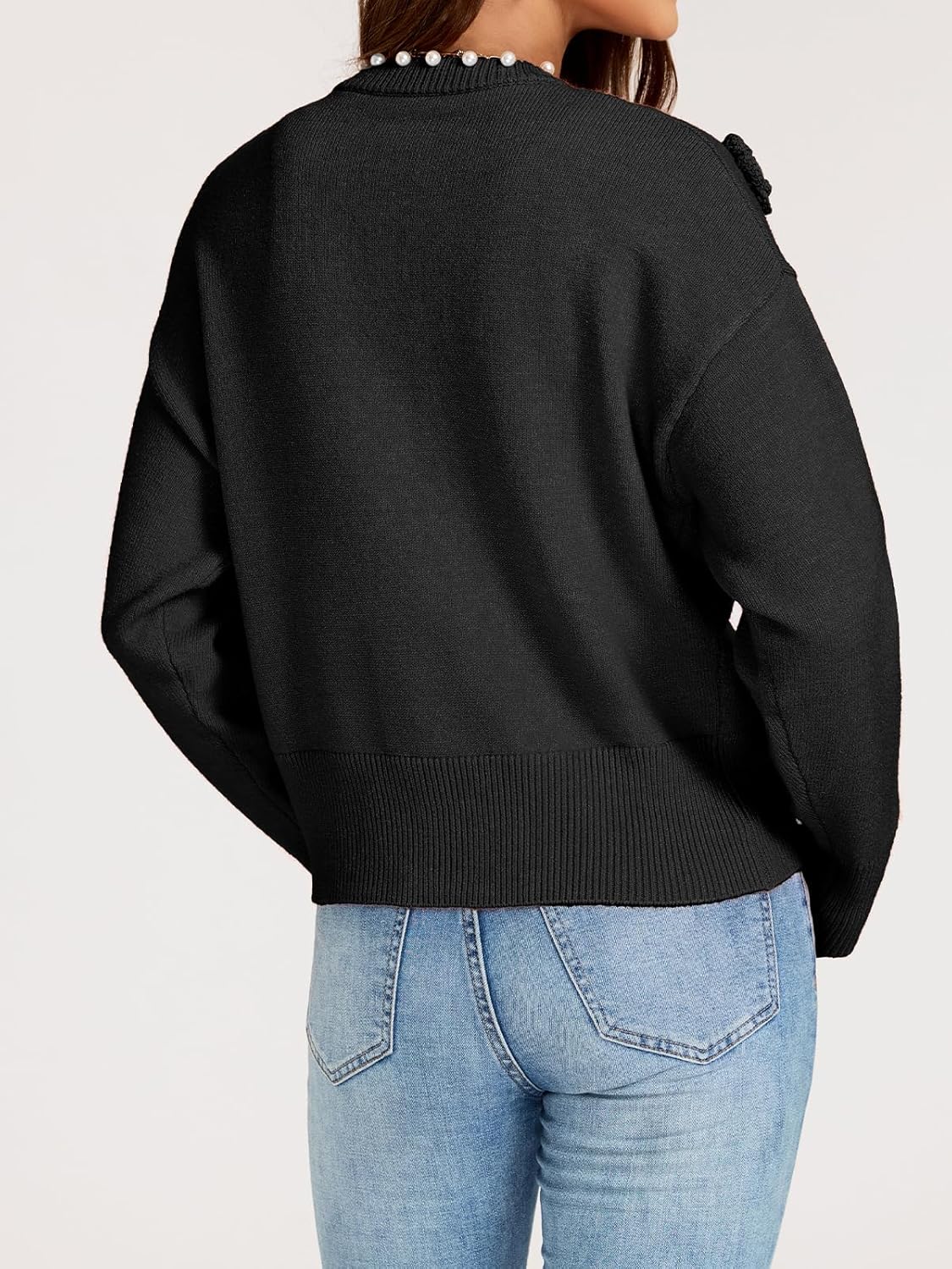 Women's Pearls Open Front Cardigan Sweater Casual Knitted Long Sleeve Floral Embroidered Outerwear Coat - Image 2