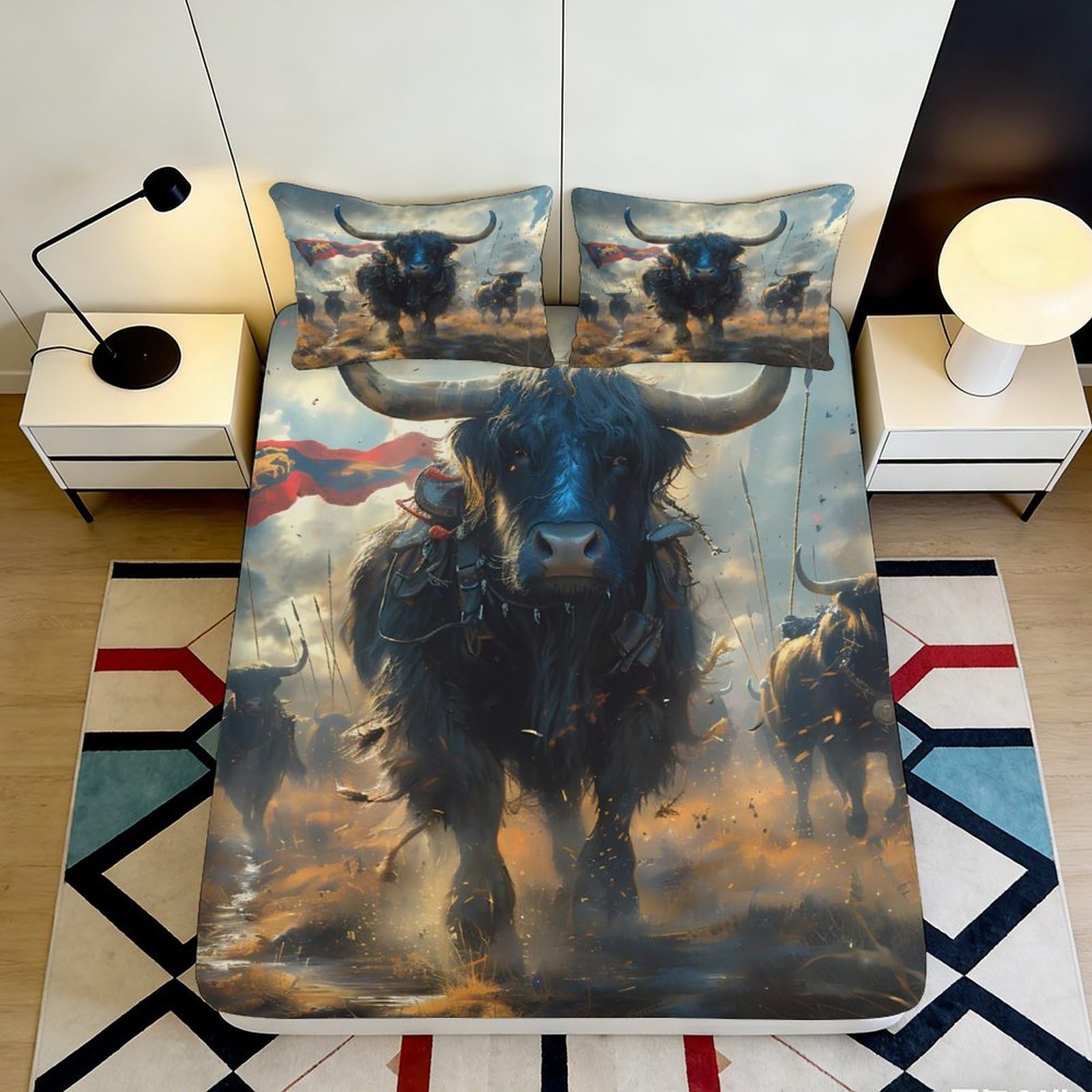 3D Printed Wild Buffalo Fitted Sheet Microfiber Artistic Western Landscape Bed Cover for Bedroom Dorm Decor Protection 90x200x25cm