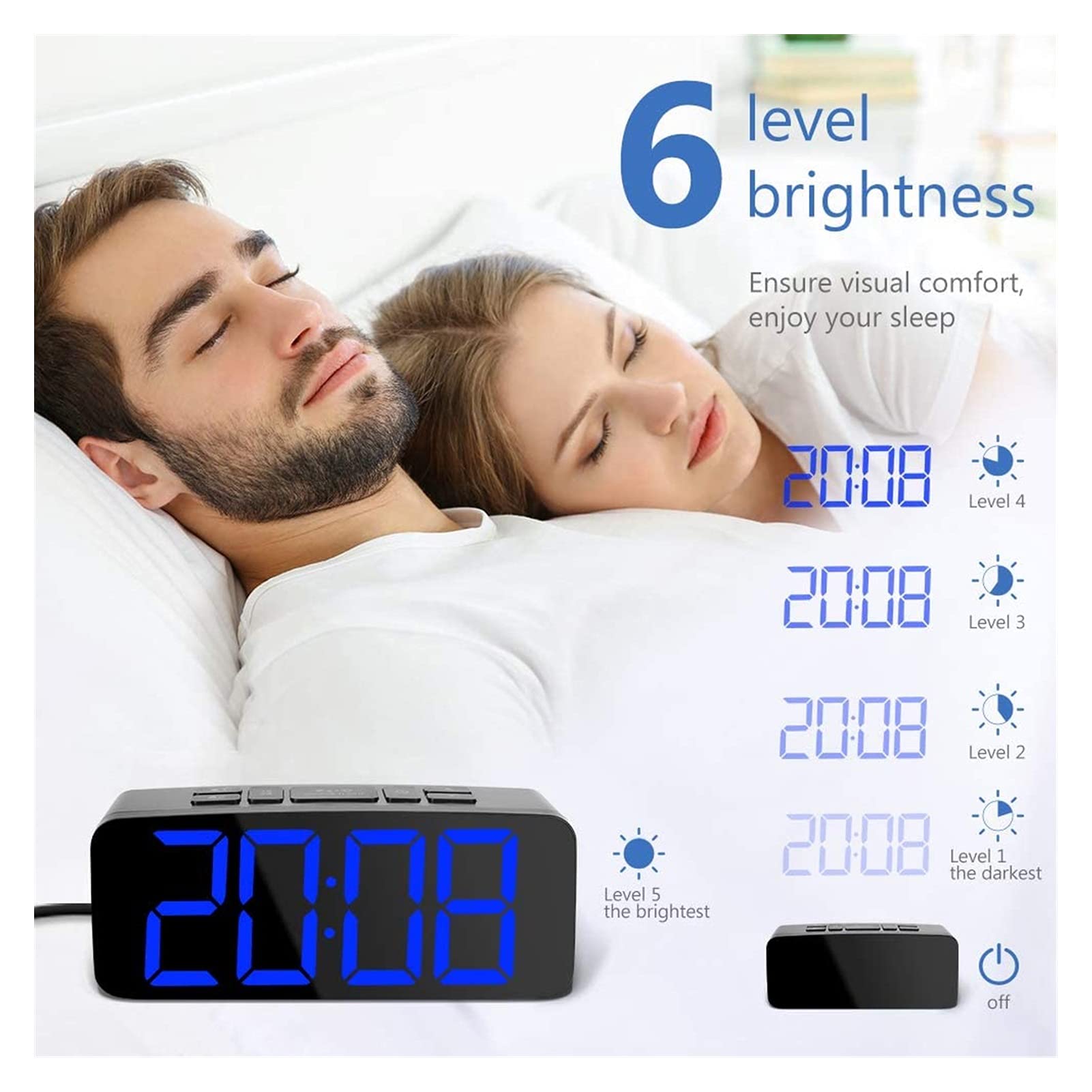 JJJ WTL Despertador Reloj de Alarma Digital 6,3 Pulgadas DIRIGIÓ Relojes de Noche Relojes 2 Alarmas de 6 Niveles Brillo Snooze Función 12 / 24H Mostrar Red eléctrica con Adaptador