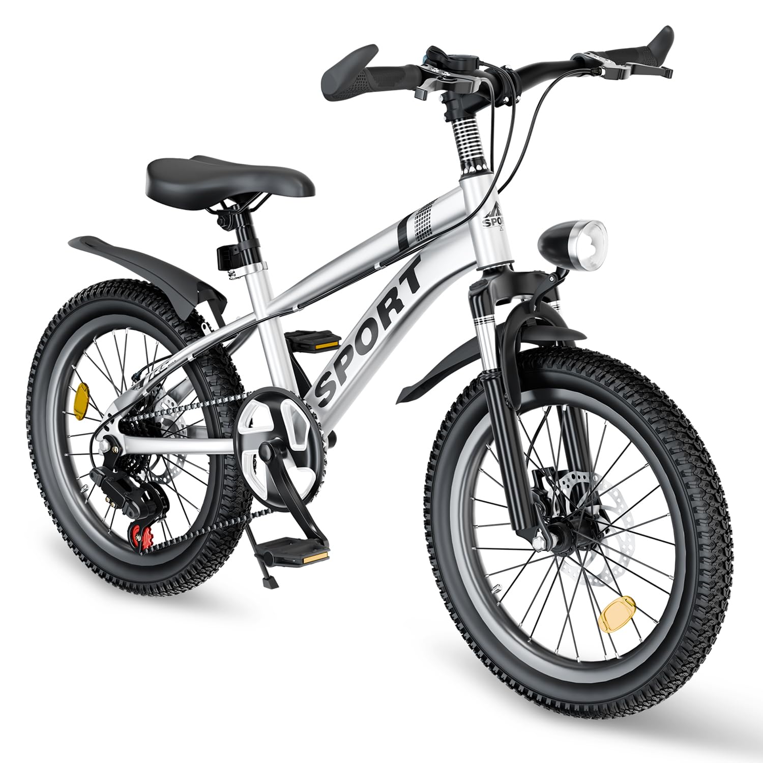 YHUBHSIS 20 Inch Mountain Bike Bicycle for Kids Ages 7-12 with Dual Disc Brakes, 7 Speeds, Shock Absorber, LED Lights,for Boys & Girls