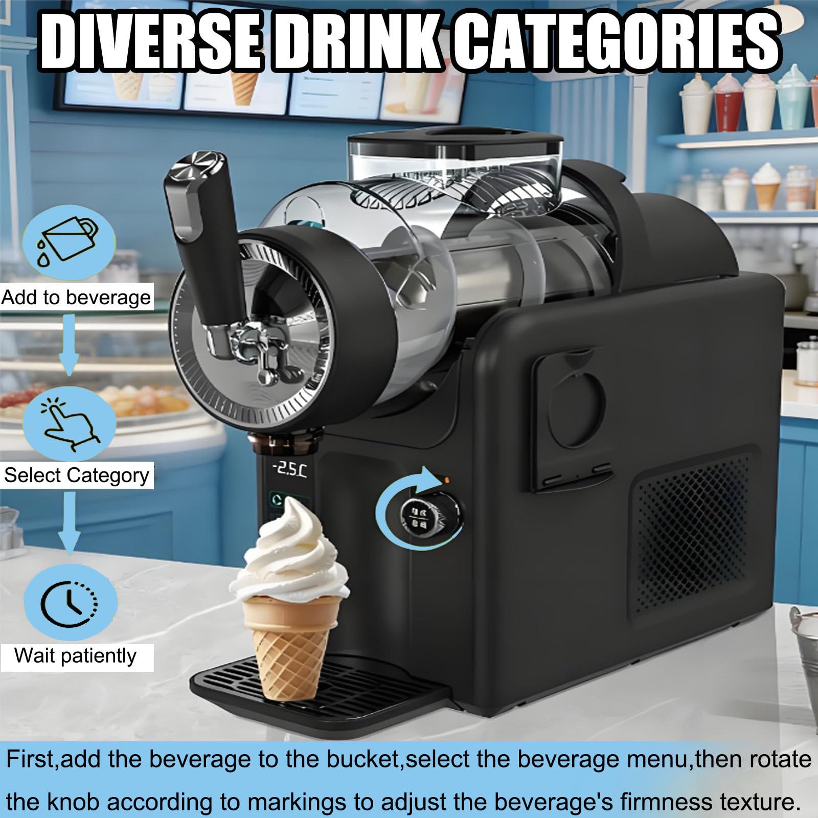 Máquina De Granizados 2026,Máquina De Granizados 5 En 1 para Granizados Y Postres Suaves,Máquina para Helado Suave con Mezcla Uniforme De 360°,Enfriamiento Continuo De 12 Horas Black