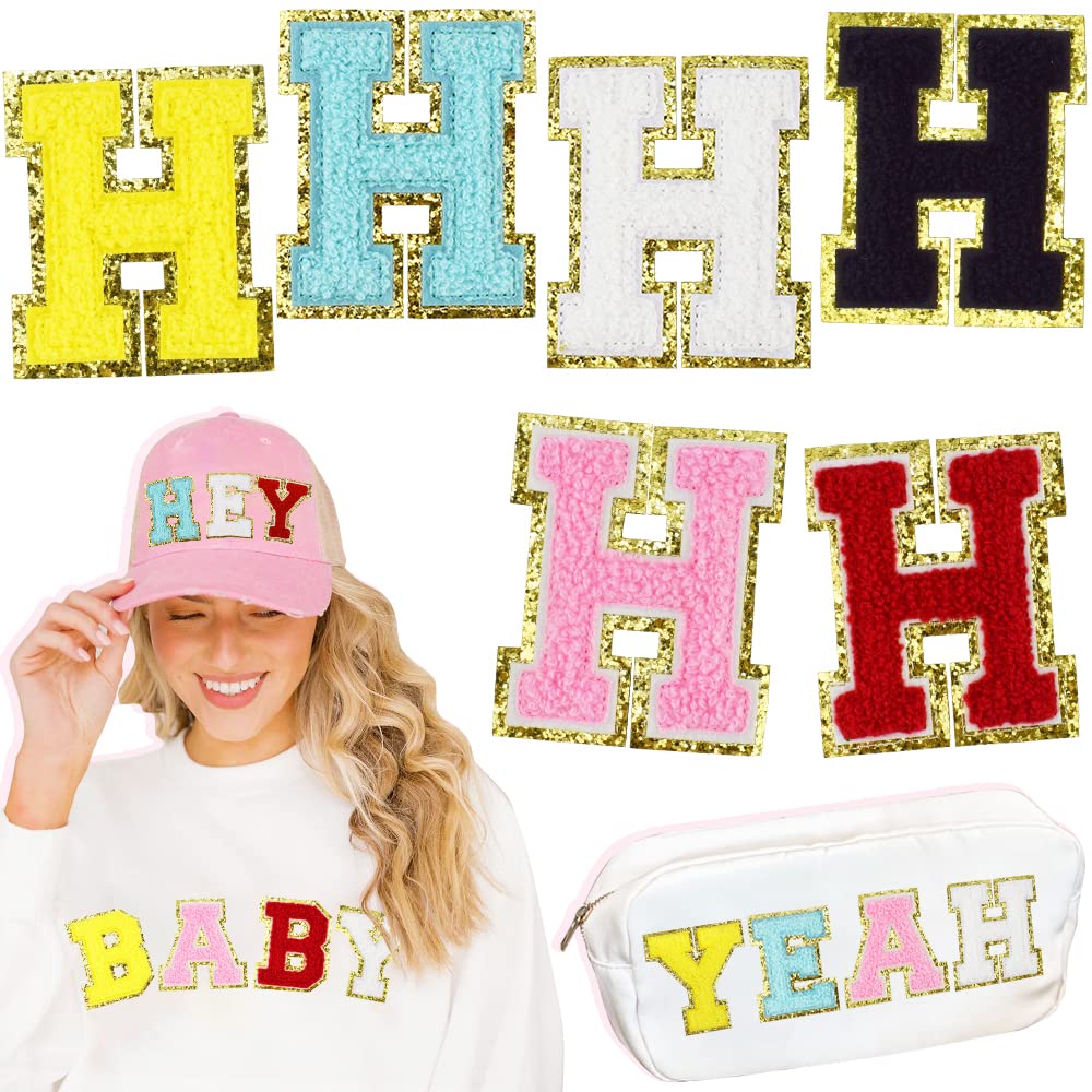 6 Pcs Large 3 Inch H Chenille Letter Patches, Iron on Letters for Fabric and Clothing, Glitter Embroidery Varsity for Letterman Jacket, Backpacks Hats, Sew or Iron on