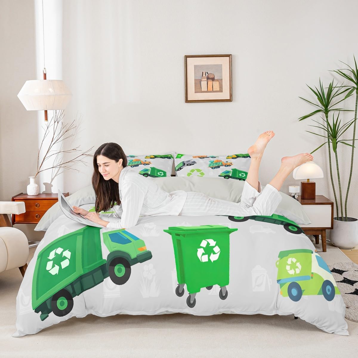 Feelyou Boys Green Garbage Truck Duvet Cover Cartoon Trash Truck Bedding Set for Kids Boys Girls Green Vehicle Car Comforter Cover Garbage Truck Toy Bed Set Twin Size with 1 Pillow Case (No Comforter)