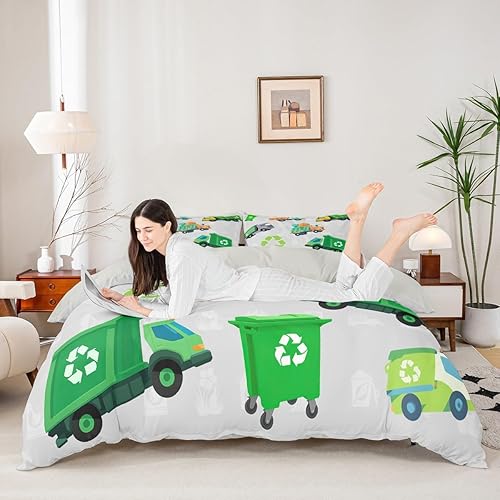 Miniatura 4 de Feelyou Juego de funda de edredón de camión de basura verde para niños, juego de ropa de cama de camión de basura de dibujos animados para niños y