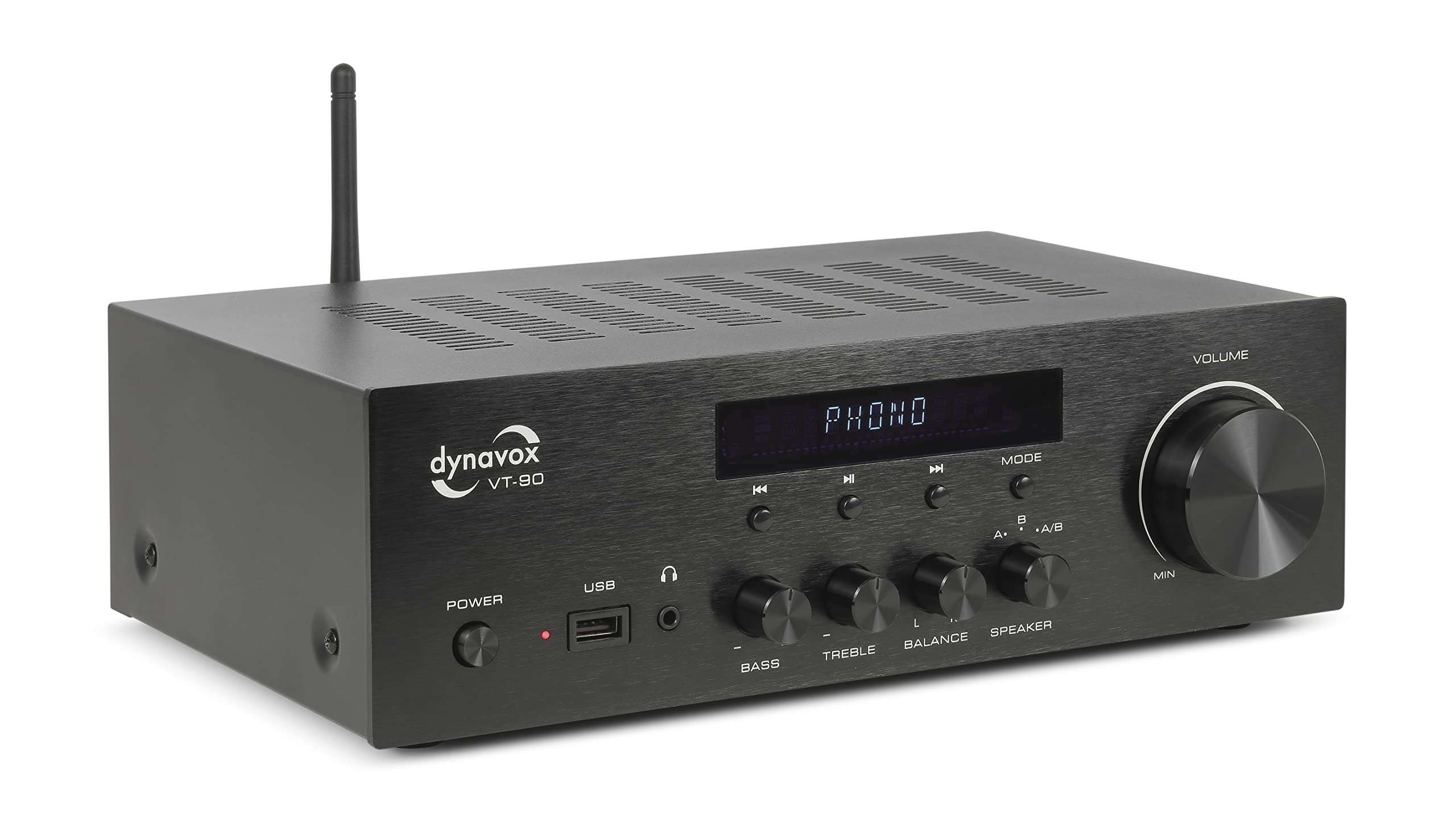 Dynavox VT-90 amplificatore stereo compatto, terminali di connessione a vite per 4 altoparlanti, telecomando, ingresso phono, trasmissione BT, nero