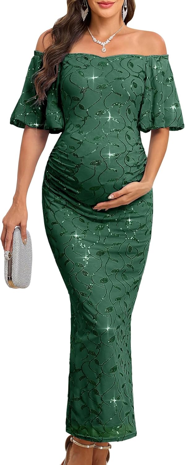 Maternity Off The Shoulder Sequin Maxi Dress Elegant Ruched Bodycon Formal Evening Gown for Baby Shower Photoshoot