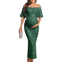 AISWI Maternity Off The Shoulder Sequin Maxi Dress Elegant Ruched Bodycon Formal Evening Gown for Baby Shower Photoshoot