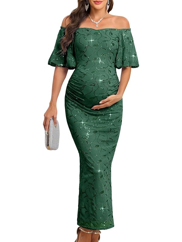 AISWI Maternity Off The Shoulder Sequin Maxi Dress Elegant Ruched Bodycon Formal Evening Gown for Baby Shower Photoshoot, Dark Green, M by AISWI - Used condition - US$36.37