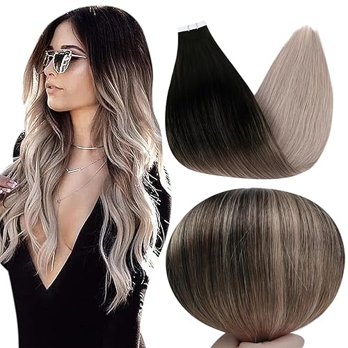 Full Shine - Extensiones de cabello humano con cinta adhesiva y sin costuras, 22pulgadas, balayage, color negro 1B a castaño cenizo 18, 1.76oz,