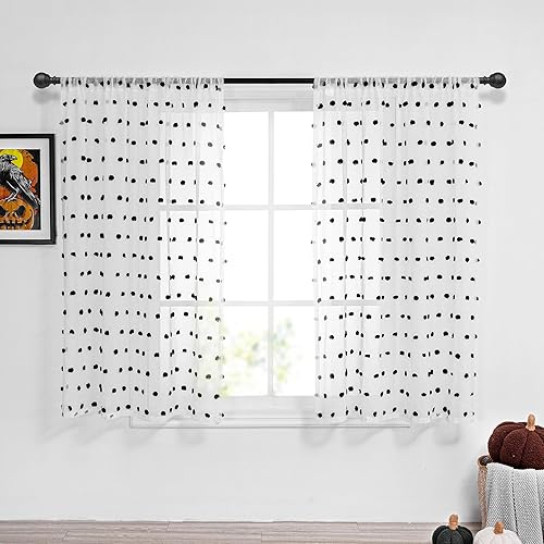 Miniatura 2 de MYSKY HOME Cortinas cortas para dormitorio, cortinas traslúcidas con pompones negros de 54 pulgadas de largo, cortinas para cocina, baño, habitación