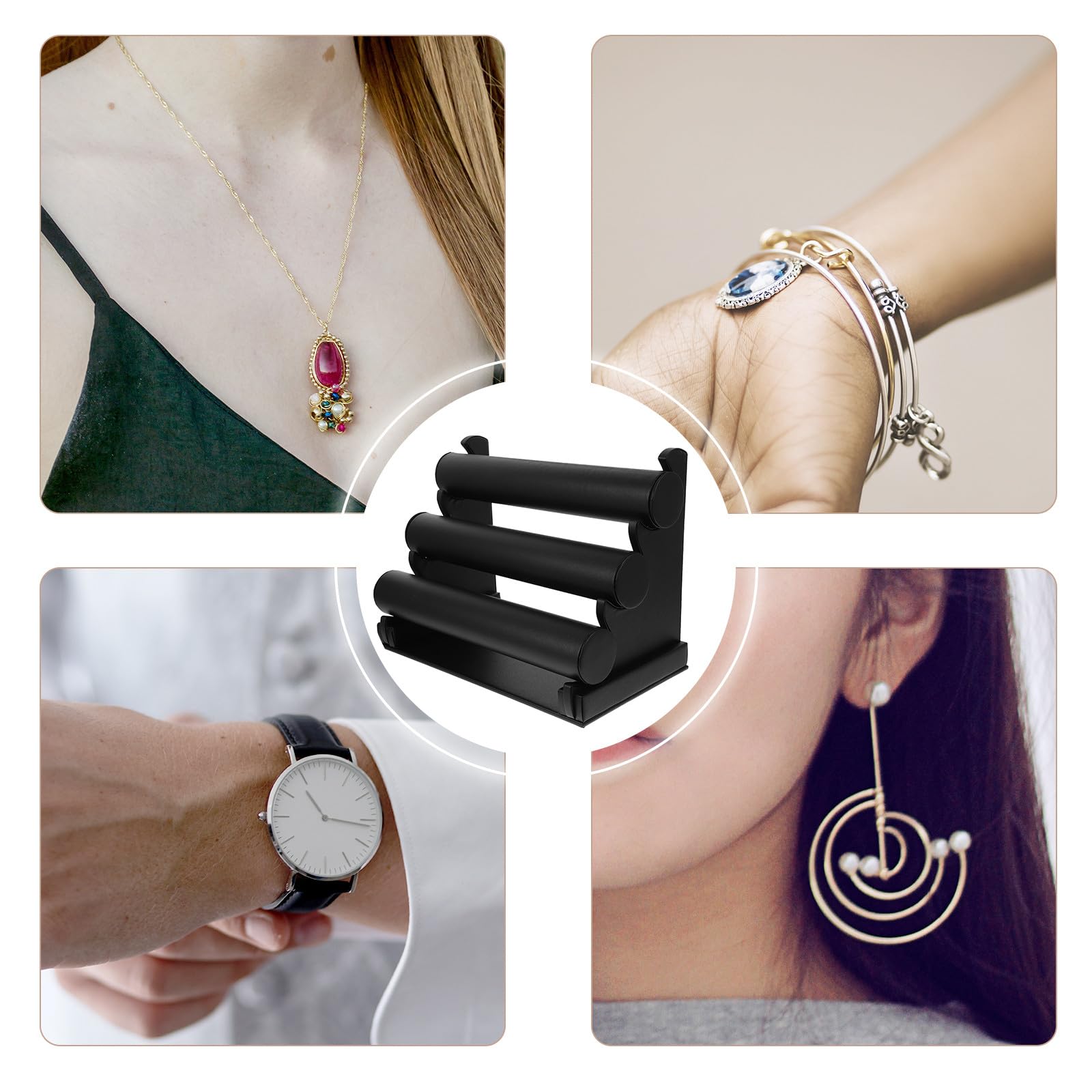 HOMSFOU Tisch Armbandständer 3 stufig aus Pu Leder Abnehmbarer Uhrenhalter Rutschfester Schmuckaufbewahrung Organizer für Armbänder Armreifen und Uhren