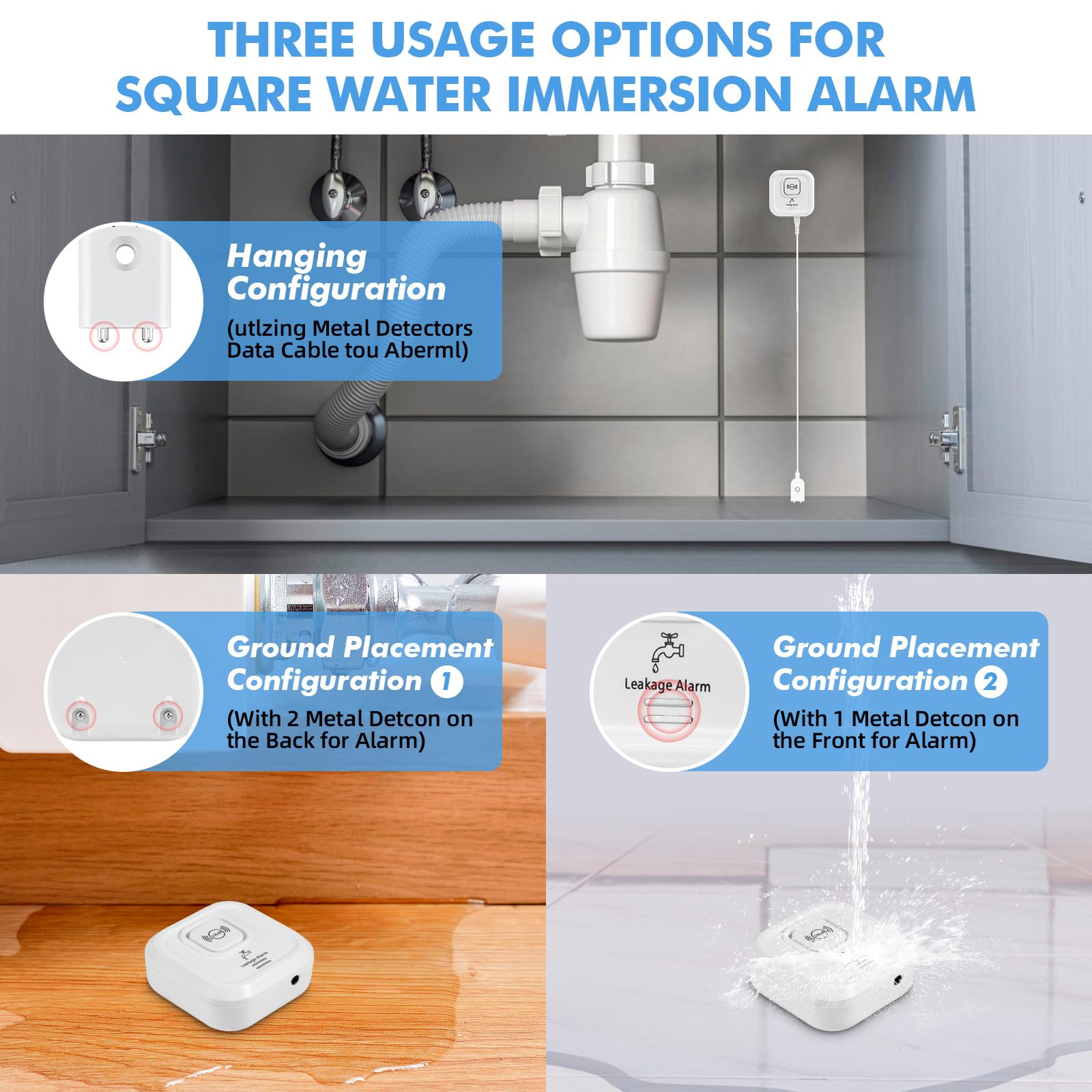 Detecteur de Fuite d'eau, 2,4GHz WiFi Alarme Maison sans Fil Compatible avec L'application Tuya, 100dB Capteur de Niveau d'eau avec 105cm Détachable Câble Alarme Piscine pour Cuisines, Caves, Sols