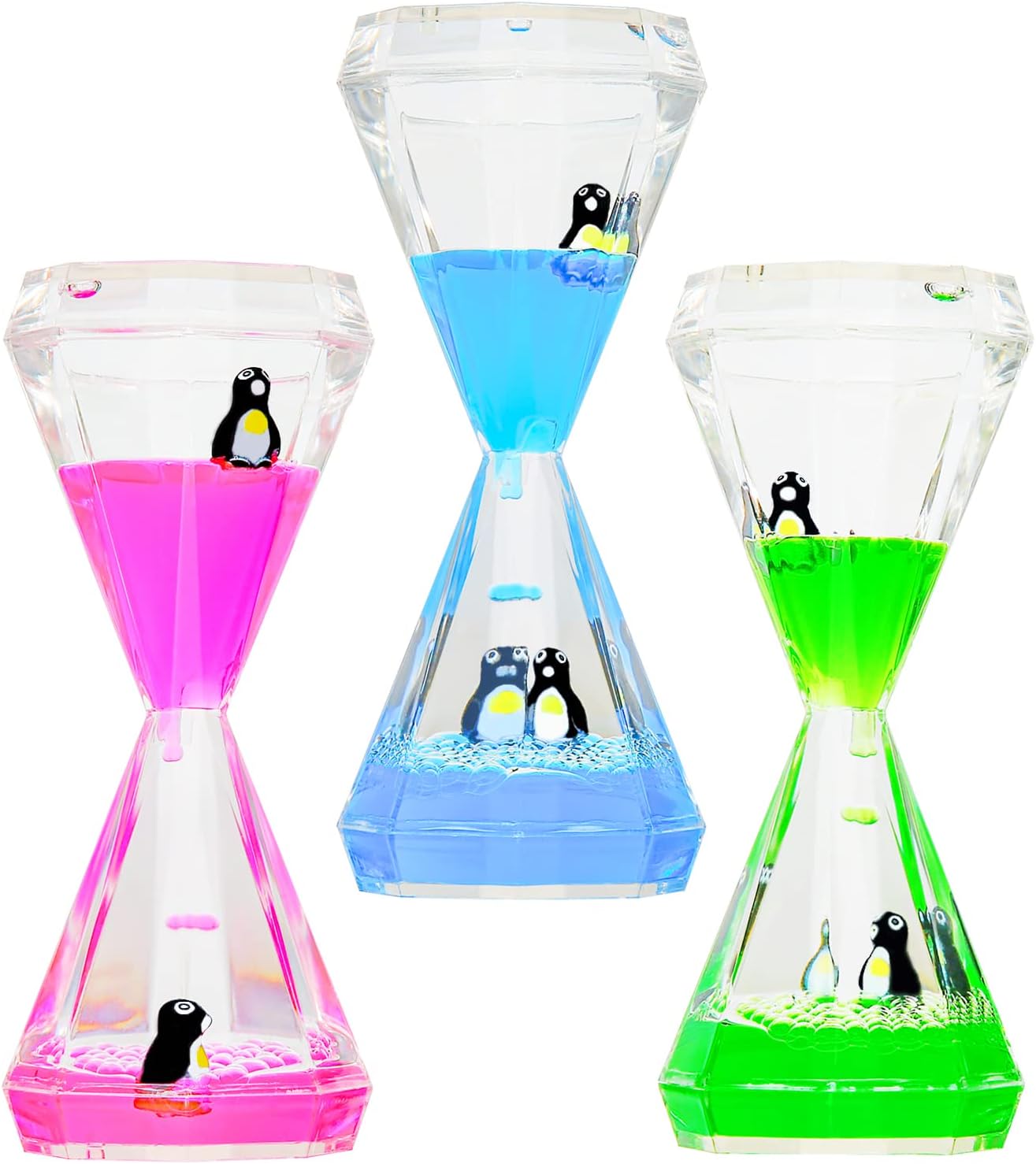 CAILINK Liquid Motion Bubbler,3 Pack Diamond Shaped Penguin Liquid Timer for Sensory Play,Fidget Toy Stress Management for Kids and Adults,Colorful Calming Relaxing Hourglass