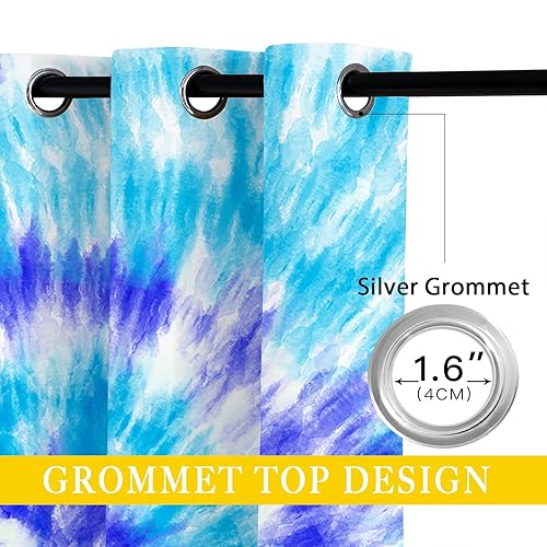 Miniatura 4 de Cortinas opacas de teñido anudado para niñas y niños, decoración del hogar, mandala azul degradado hippie con ojales en espiral, cortinas aislantes
