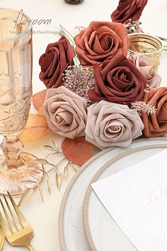 Miniatura 3 de Floroom Flores artificiales, 25 piezas de rosas falsas de espuma de color terracota de aspecto real con tallos para ramos de boda, despedidas de