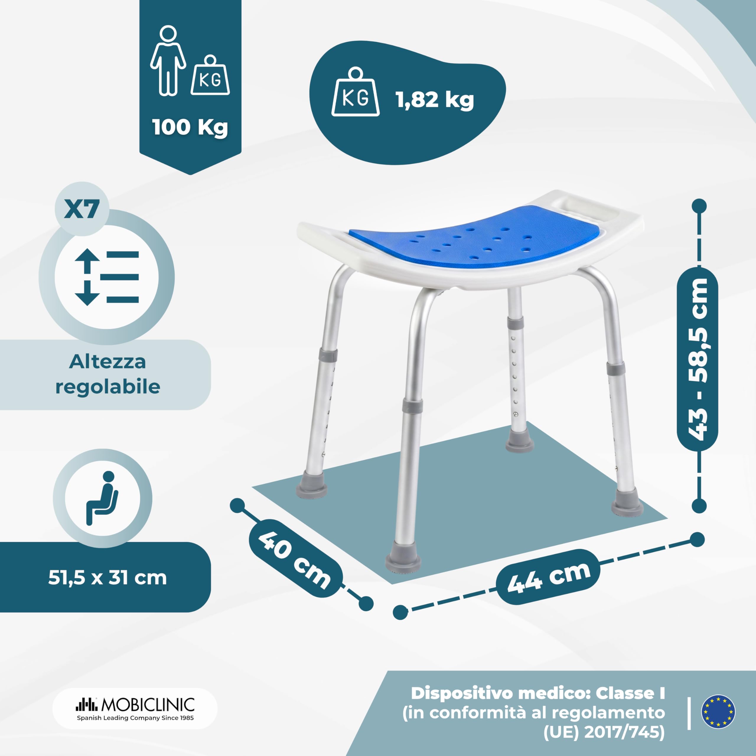 Mobiclinic®, Sgabello da Bagno, Altezza regolabile 42-57,5 cm, Seduta antiscivolo in EVA PAD, Leggero, Fori di Drenaggio, Puntali Antiscivolo, Design ergonomico curvo, Alluminio, Santana