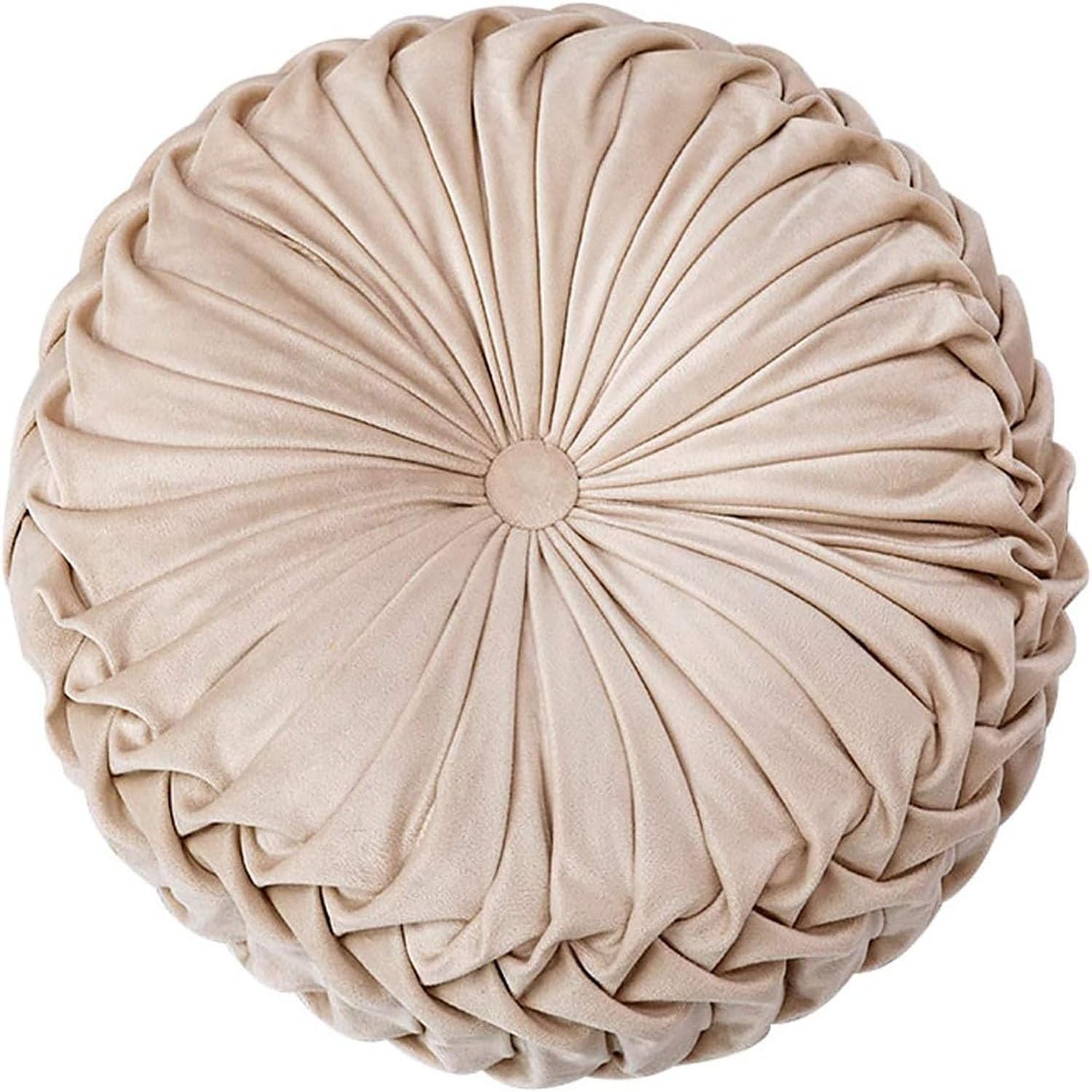 Odaima Round Pillows Velvet Pleated Circle Pillow Chair Cushion Floor Pillows Home Decorations, For Living Room Couch Chair Bed Car(Beige)