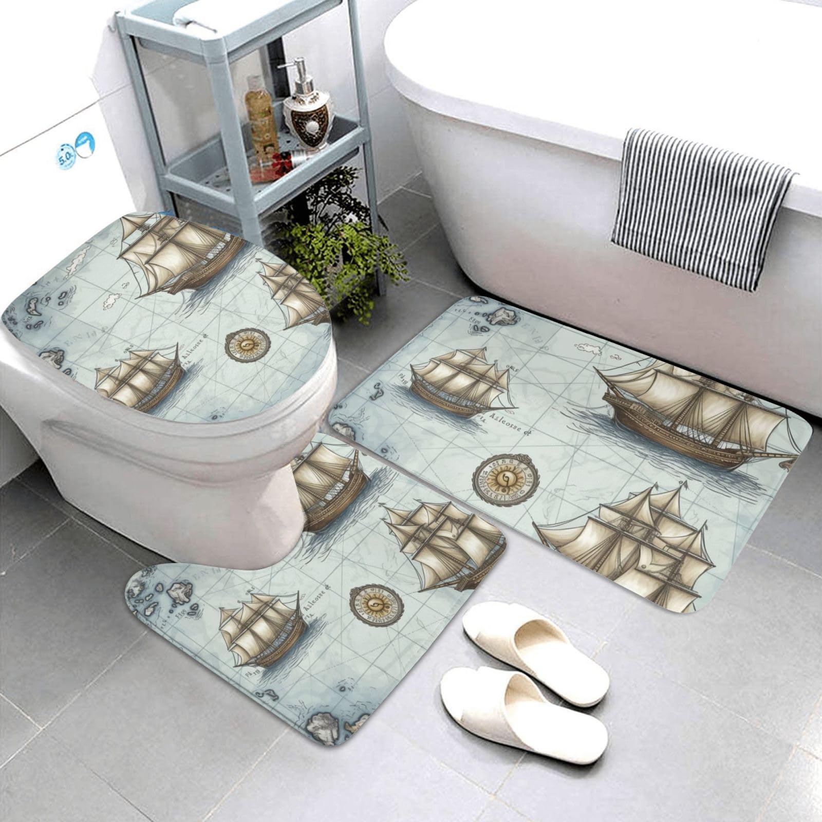 Tapis de bain carte du bateau ensemble de 3 pièces lavables pour WC et douche