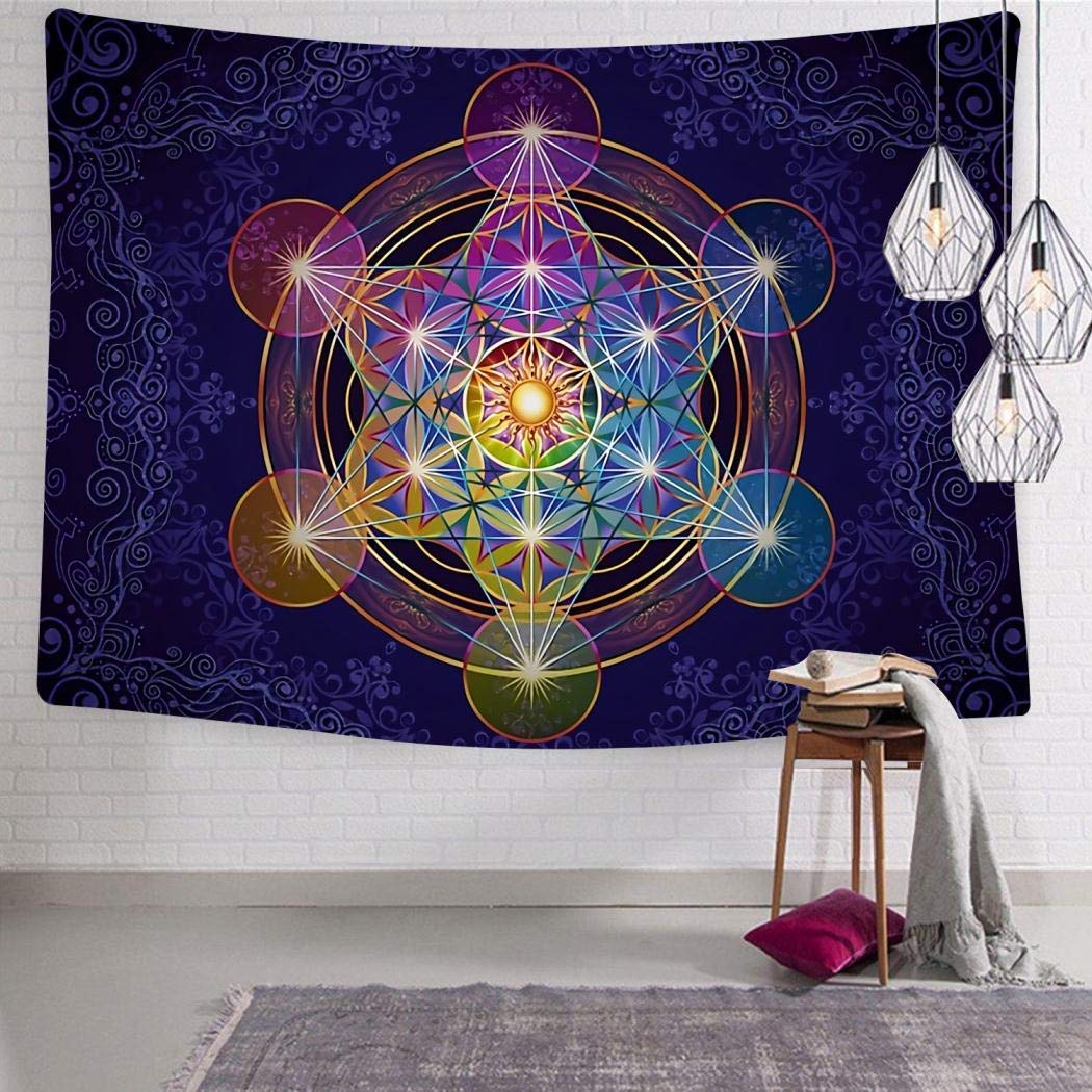 Artwork Peinture 150x150 Cm Tapisserie Cube De Metatron Avec Merkabah Et Fleur De Vie Couverture De Tapisserie Murale Serviette De Plage Couverture Pique-Nique Tapis De Yoga Décoration