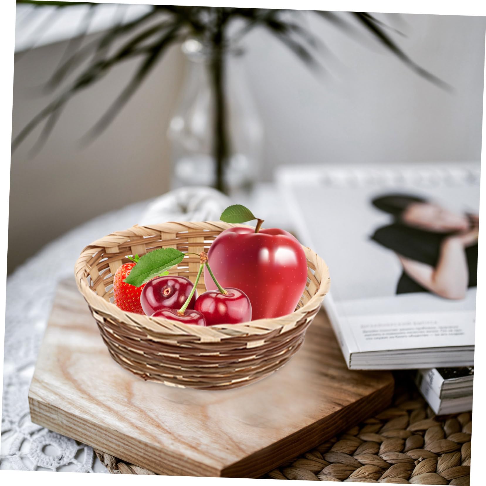 Alipis Bamboo Woven Fruit Bowl Lid Small Storage Basket Wicker Decorative Fruit Holder for Kitchen