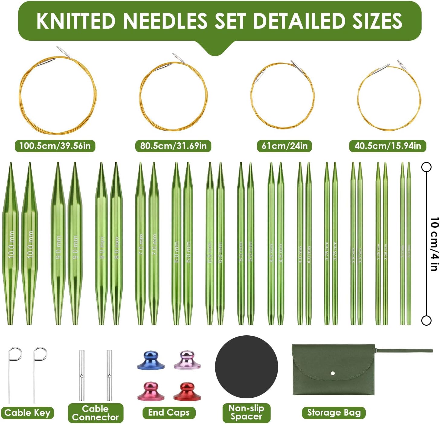 Interchangeable Circular Knitting Needles Set Premium Aluminum Knitting Kit 13 Pairs of 4 Inch with 4 Cables, Accessories and Storage Bag Green - Image 5