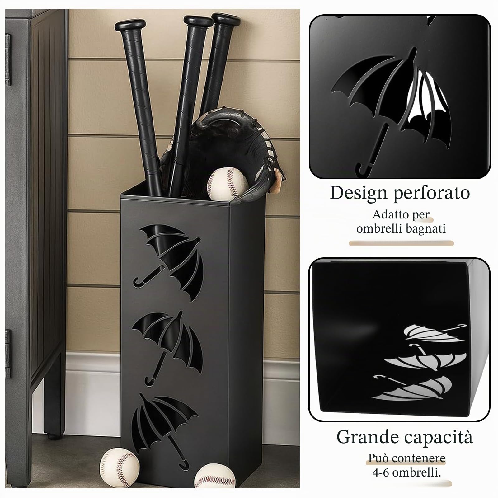 Portaombrelli Quadrato, 42 x 16 x 16 cm, 1 Pezzo Portaombrelli in Metallo, Porta Ombrello in Metallo All'ingresso, Porta Ombrello da Interno, per Ombrelli, Bastoncini da Trekking(Nero)